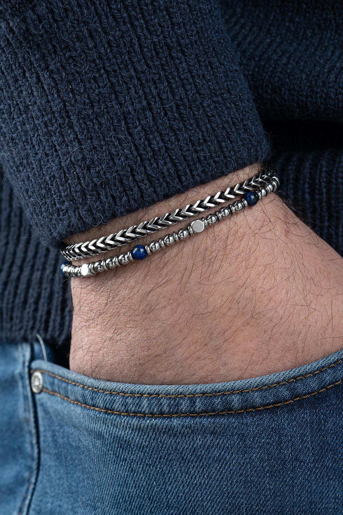 FRNCH 316L Çelik ve Lapis Lazuli Doğal Taşlı Lacivert Renk Erkek Bileklik FRJ12778-3778-AL