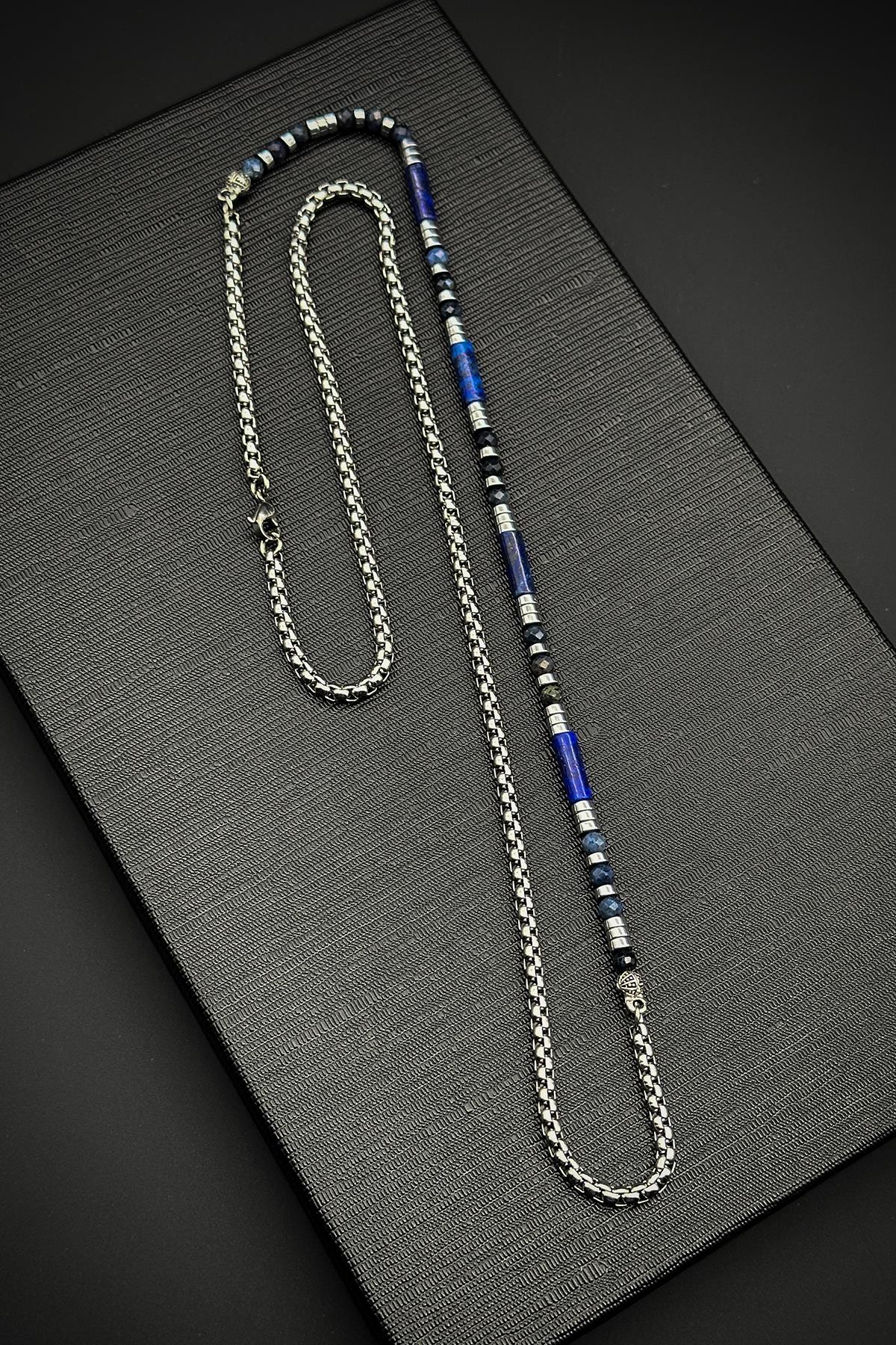 FRNCH 316L Çelik ve Lapis Lazuli Doğal Taşlı Lacivert Renk Erkek Kolye FRJ30688-788-L