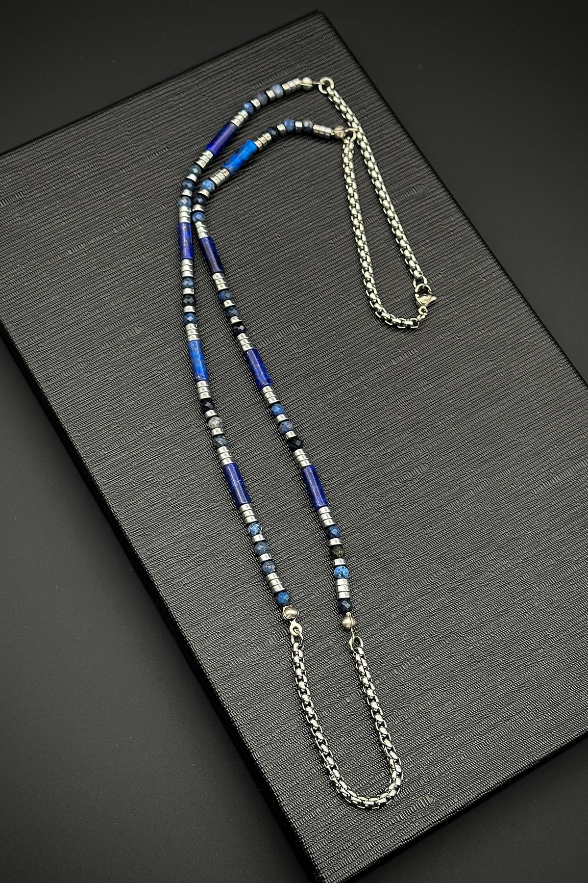 FRNCH 316L Çelik ve Lapis Lazuli Doğal Taşlı Lacivert Renk Erkek Kolye FRJ30689-789-L