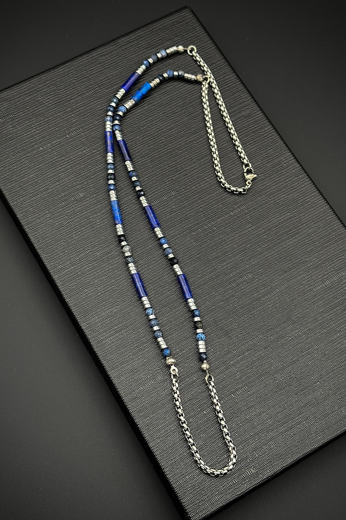 FRNCH 316L Çelik ve Lapis Lazuli Doğal Taşlı Lacivert Renk Erkek Kolye FRJ30689-789-L