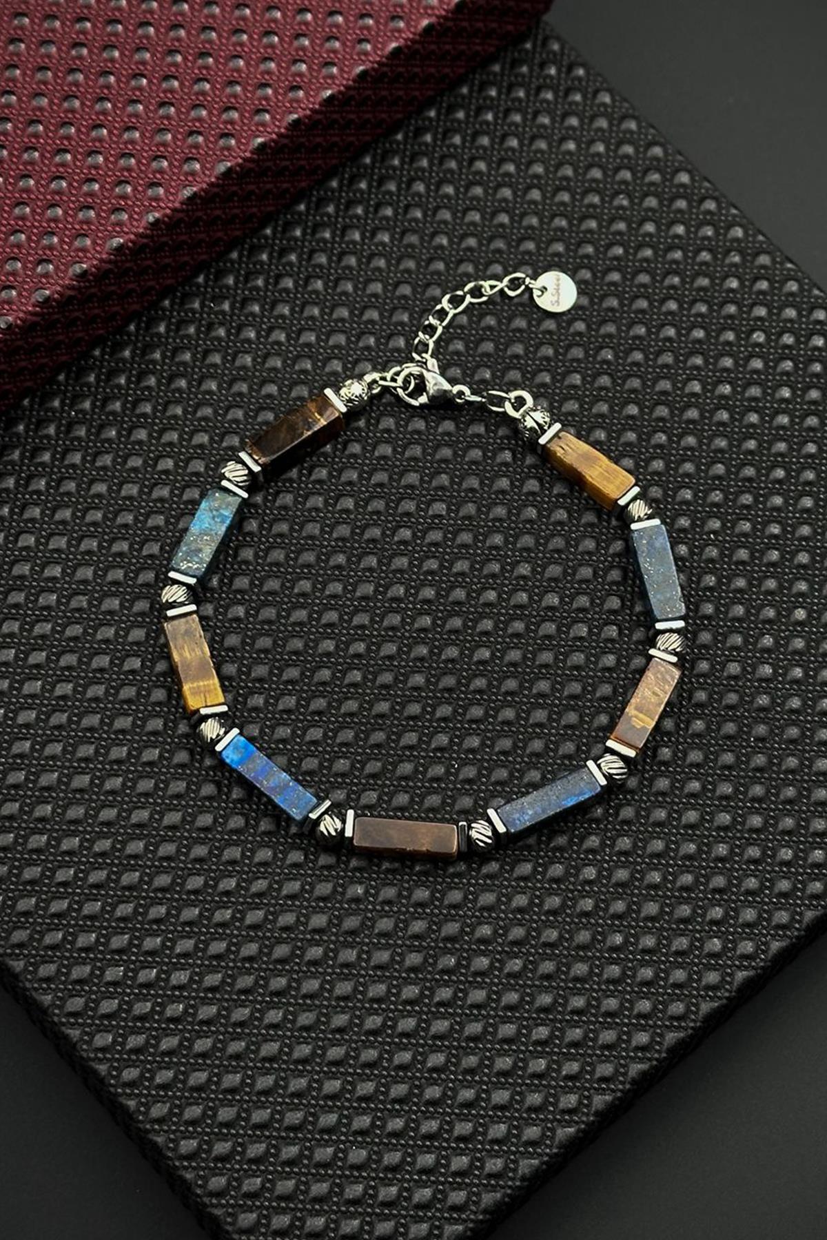 FRNCH 316L Çelik ve Lapis Lazuli-Kaplan Gözü Doğal Taşlı Lacivert Renkli Erkek Bileklik FRJ12411-3411-LK