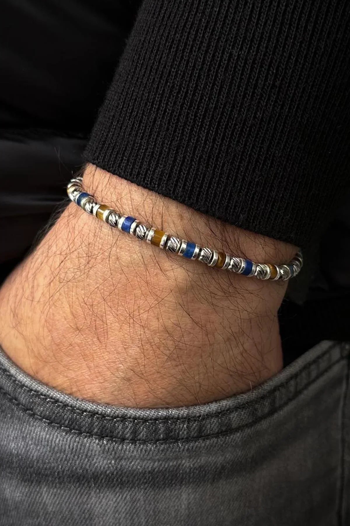 FRNCH 316L Çelik ve Lapis Lazuli-Kaplan Gözü Doğal Taşlı Lacivert Renkli Erkek Bileklik FRJ12693-3693-LK