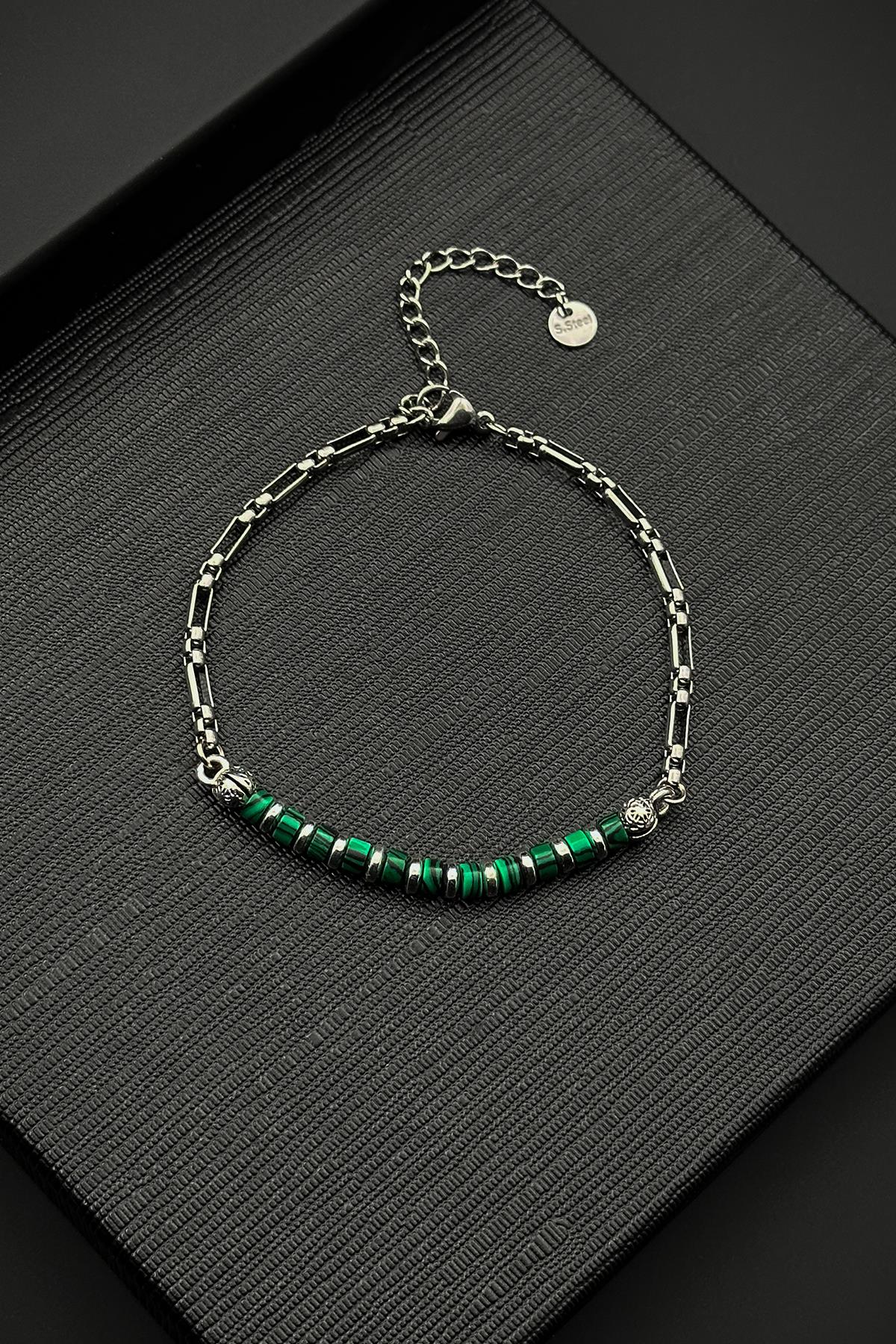 FRNCH 316L Çelik ve Malahit Doğal Taşlı Yeşil Renk Erkek Bileklik FRJ12511-3511-Y