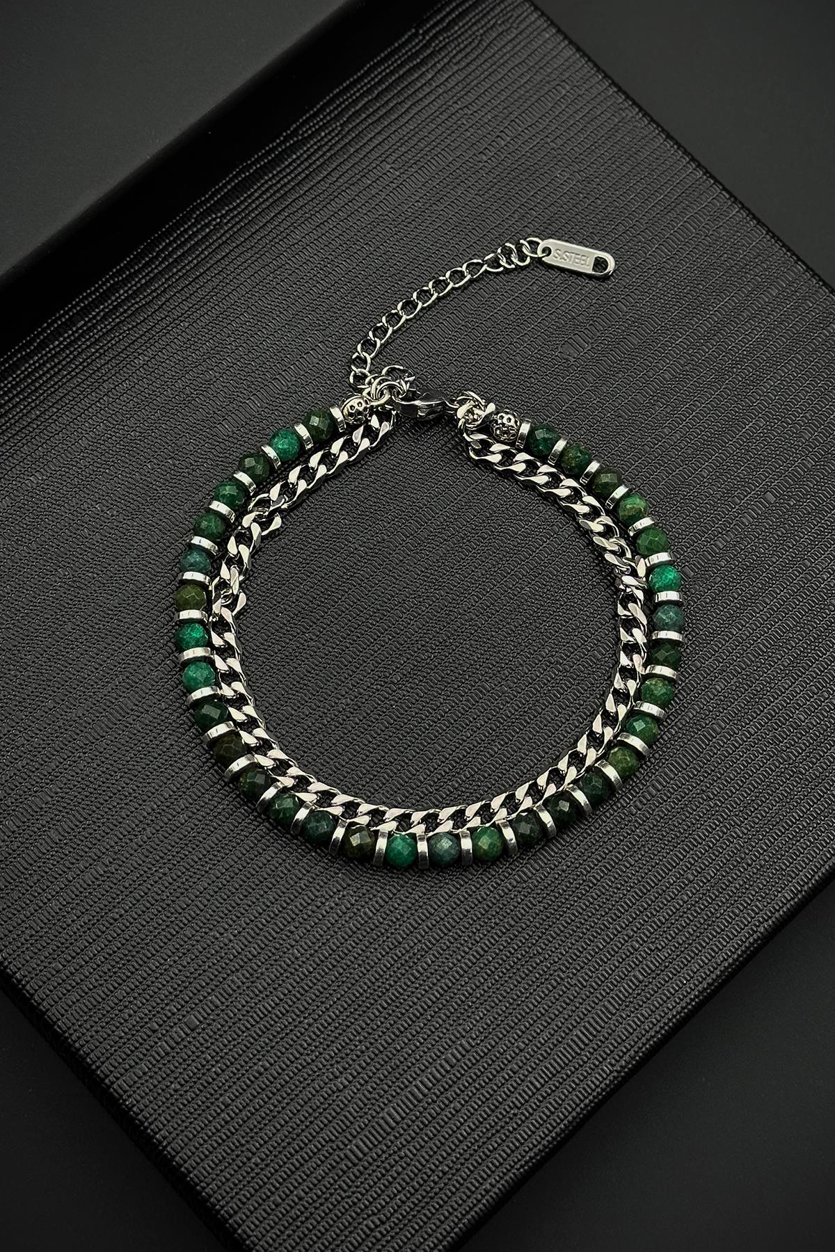 FRNCH 316L Çelik ve Malahit Doğal Taşlı Yeşil Renk Erkek Bileklik FRJ12527-3527-Y2