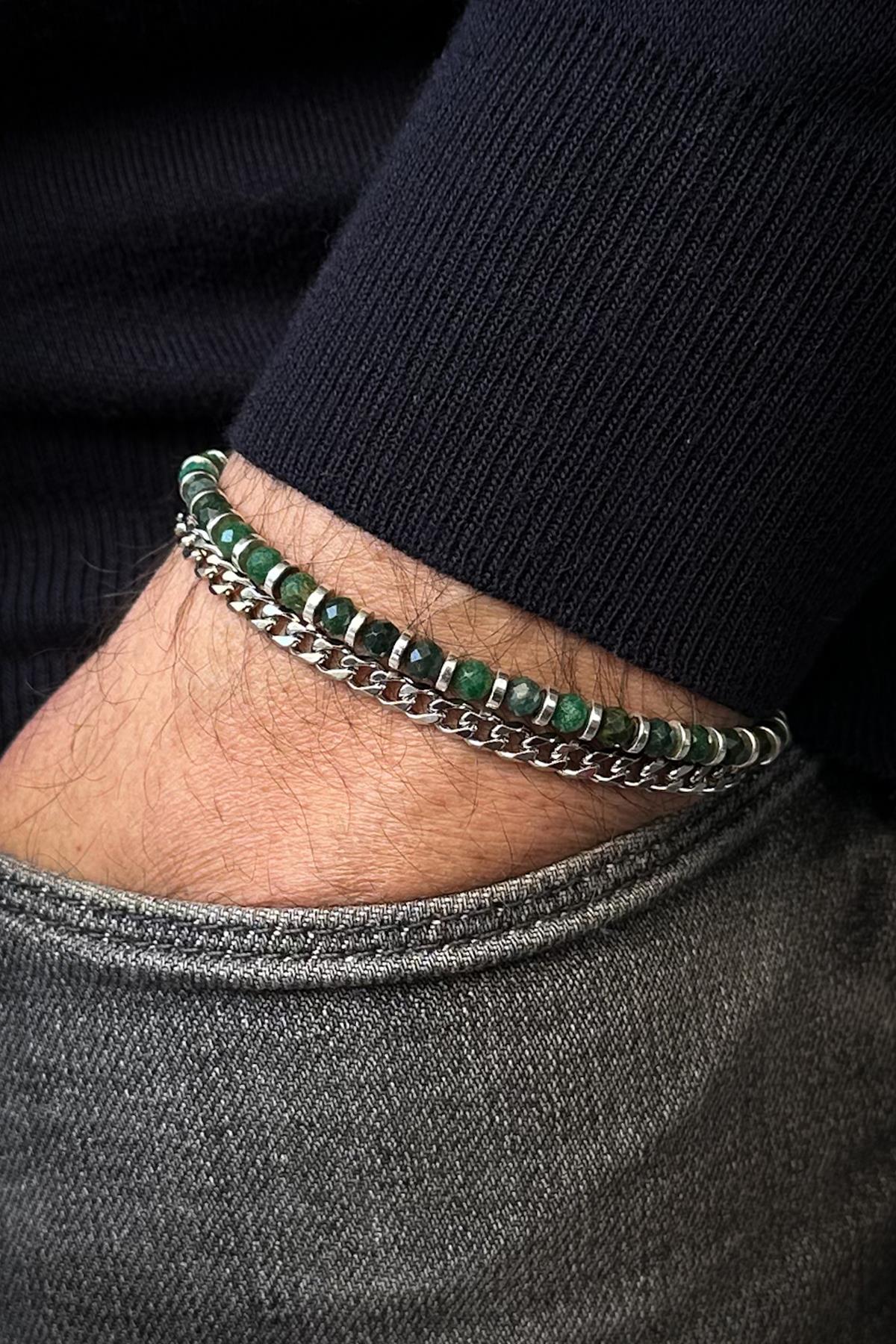 FRNCH 316L Çelik ve Malahit Doğal Taşlı Yeşil Renk Erkek Bileklik FRJ12527-3527-Y2