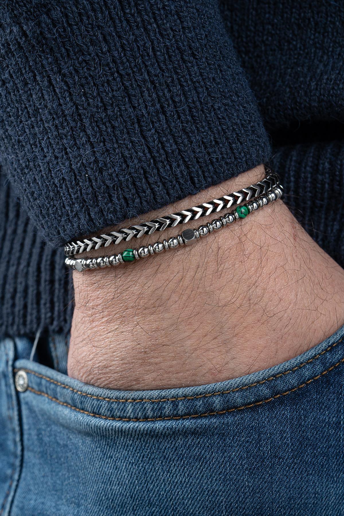 FRNCH 316L Çelik ve Malahit Doğal Taşlı Yeşil Renk Erkek Bileklik FRJ12778-3778-AY