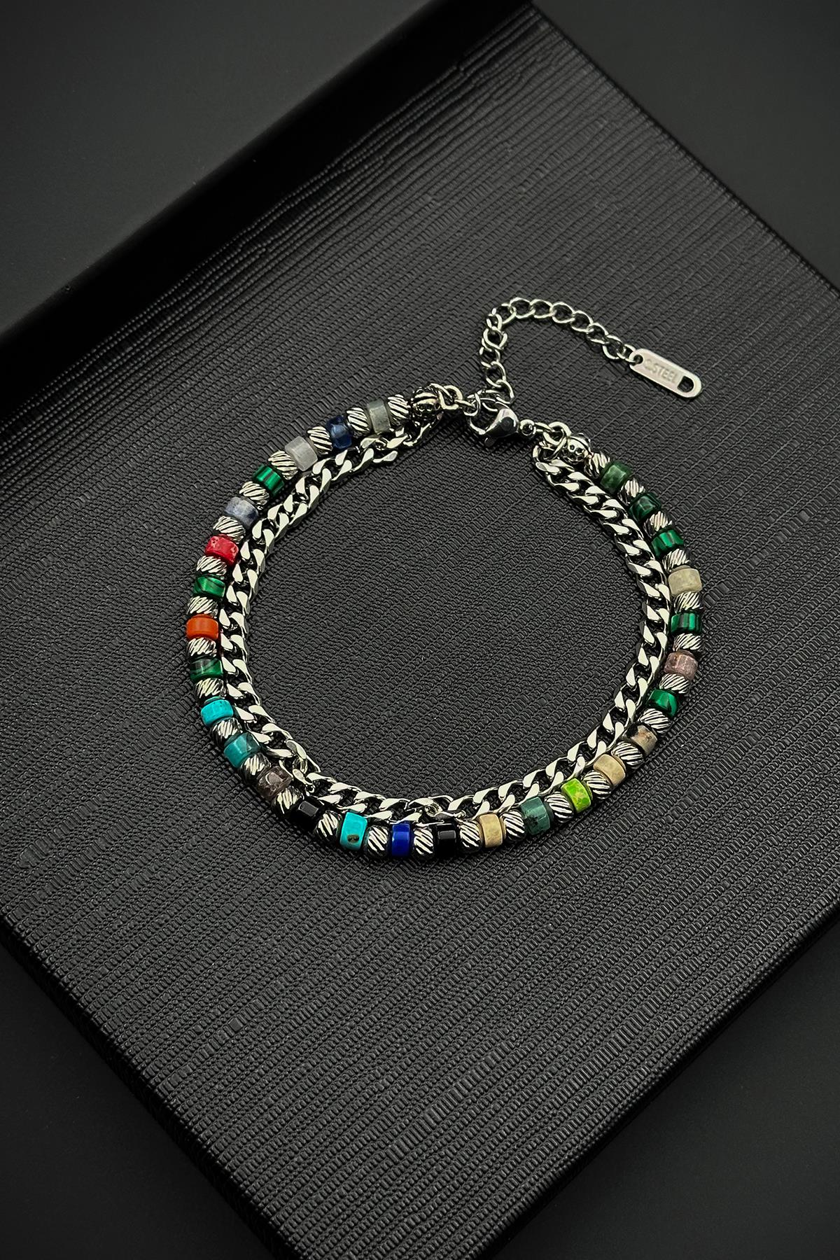 FRNCH 316L Çelik ve Mix Doğal Taşlı Çok Renkli Erkek Bileklik FRJ12527-3527-CK