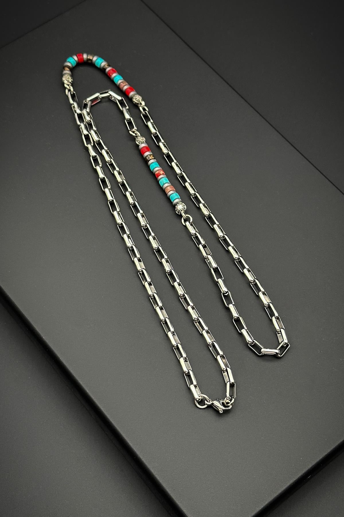 FRNCH 316L Çelik ve Mix Doğal Taşlı Çok Renkli Erkek Kolye FRJ30638-738-CK