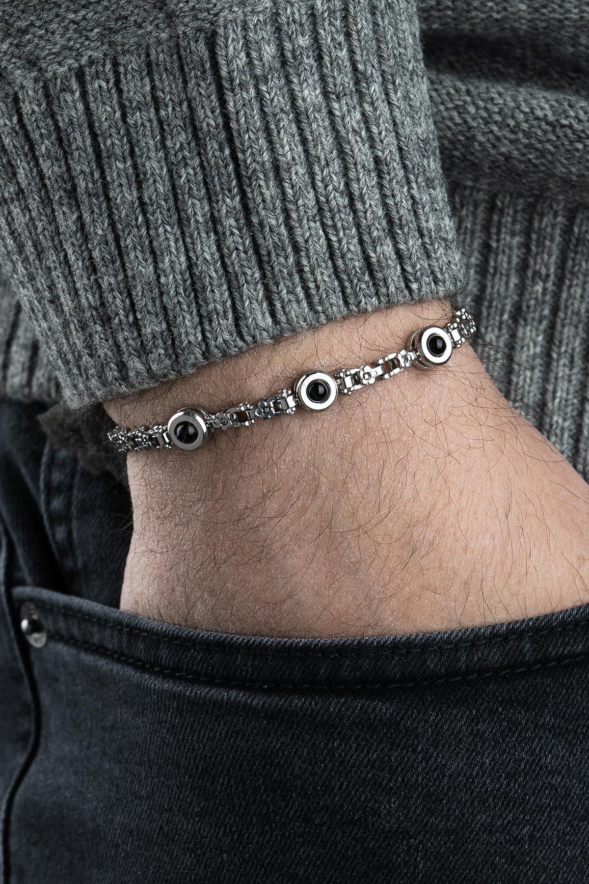 FRNCH 316L Çelik ve Onyx Doğal Taşlı Gümüş-Siyah Renk Erkek Bileklik FRJ12796-3796-AS