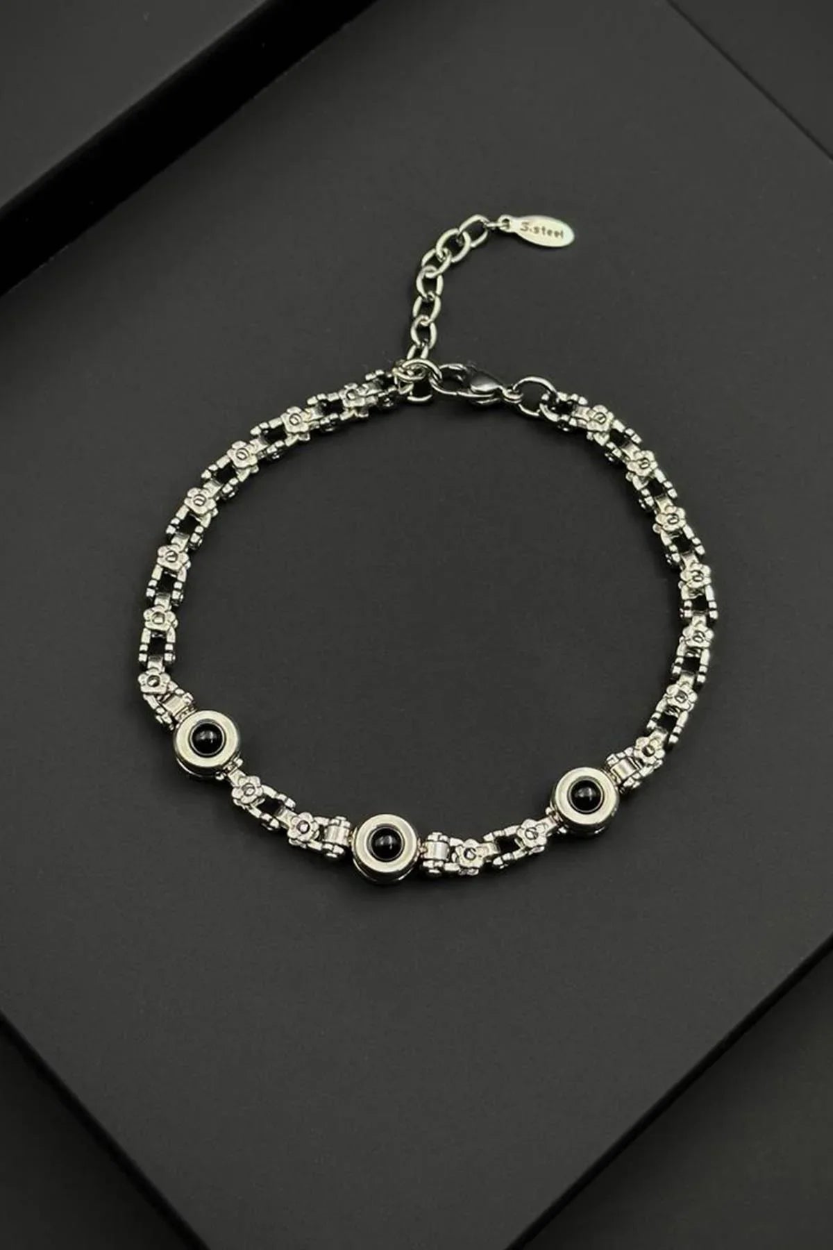 FRNCH 316L Çelik ve Onyx Doğal Taşlı Gümüş-Siyah Renk Erkek Bileklik FRJ12796-3796-AS