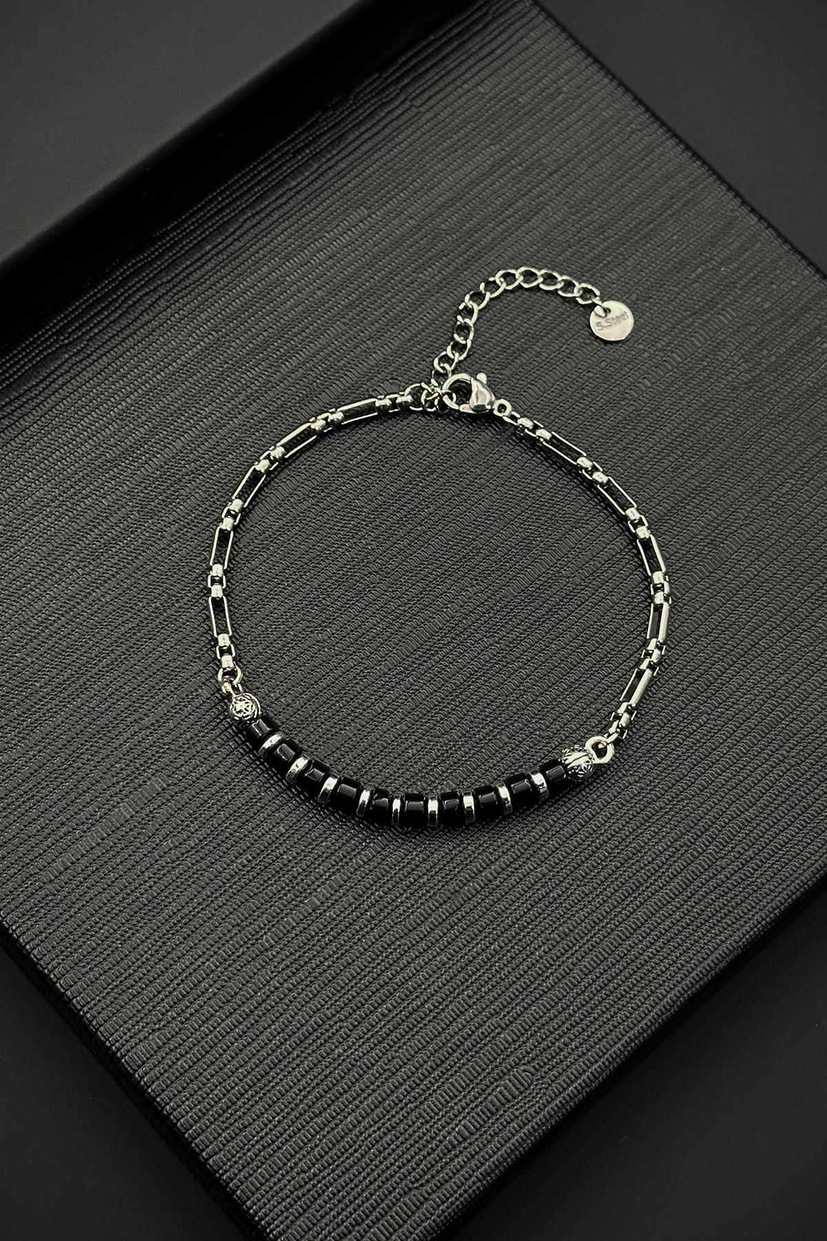 FRNCH 316L Çelik ve Onyx Doğal Taşlı Siyah Renk Erkek Bileklik FRJ12511-3511-S