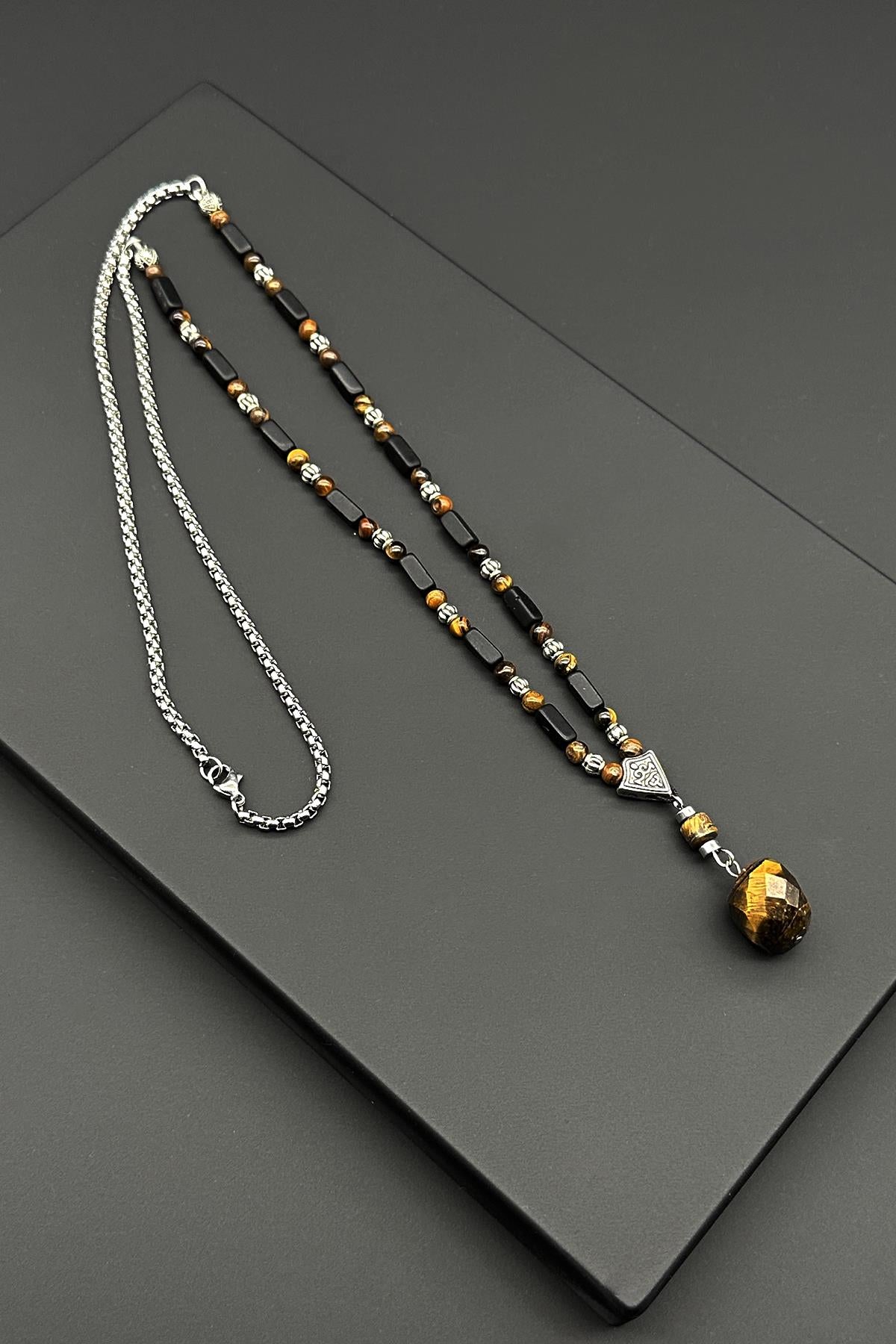 FRNCH 316L Çelik ve Preciosa Cam Taşlı Kahverengi Erkek Kolye FRJ30613-713-KS