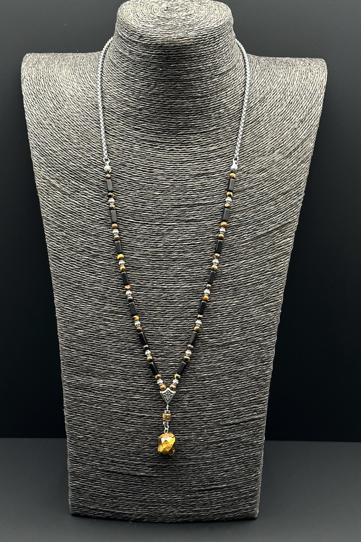 FRNCH 316L Çelik ve Preciosa Cam Taşlı Kahverengi Erkek Kolye FRJ30613-713-KS