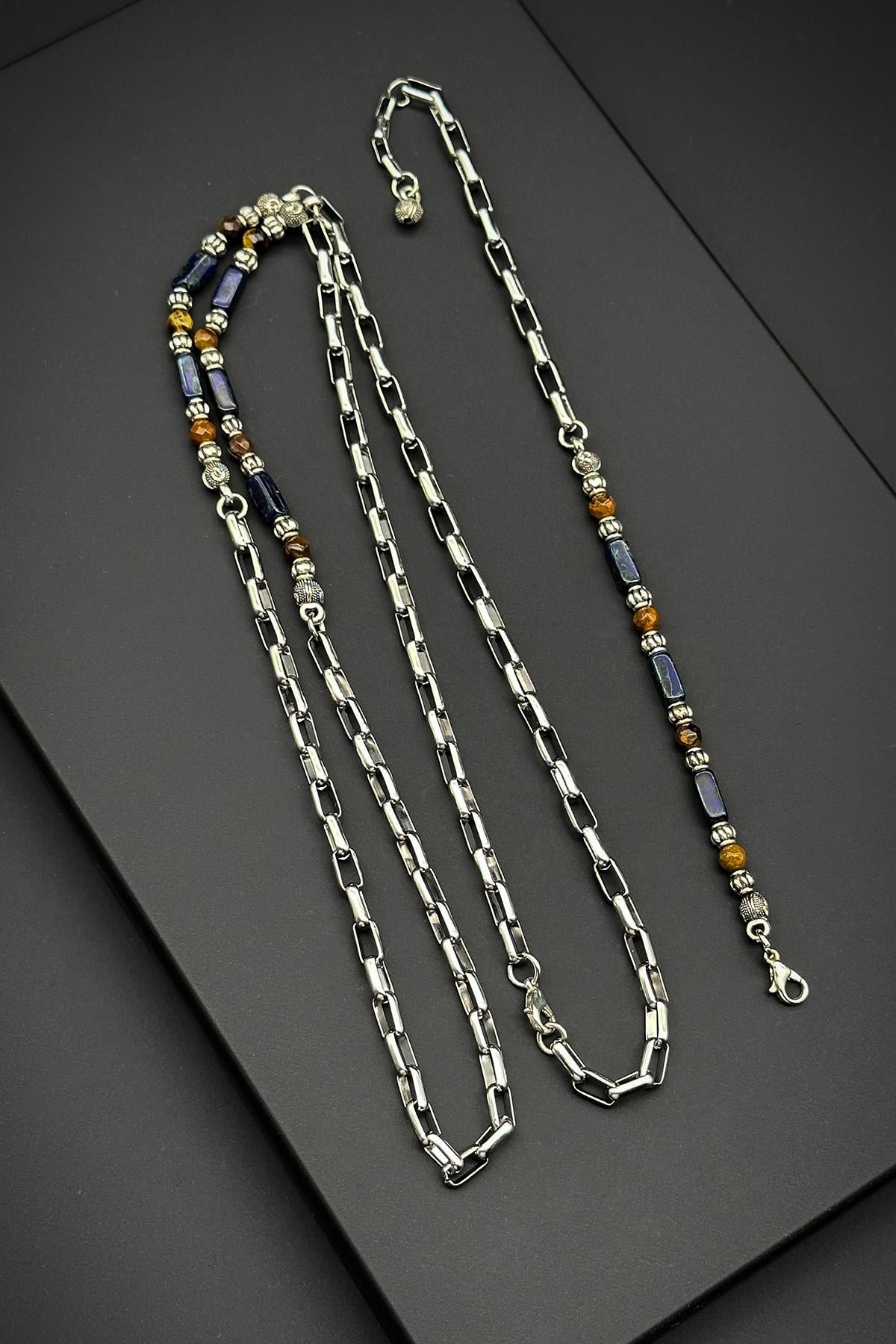 FRNCH 316L Çelik ve Preciosa Taşlı Lacivert Renkli Erkek Bileklik/Kolye Set FRJ40148-248-L