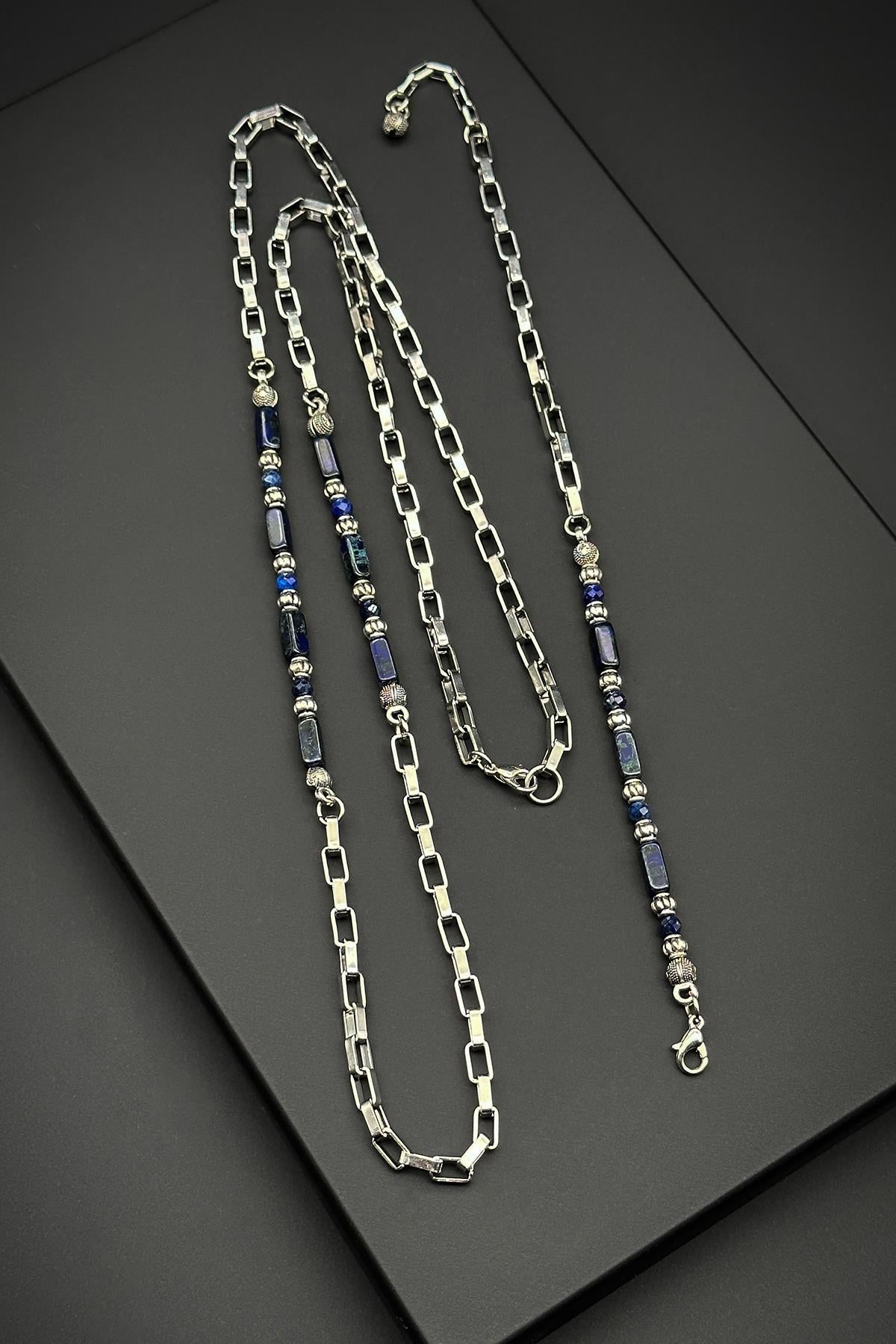 FRNCH 316L Çelik ve Preciosa Taşlı Lacivert Renkli Erkek Bileklik/Kolye Set FRJ40148-248-L2