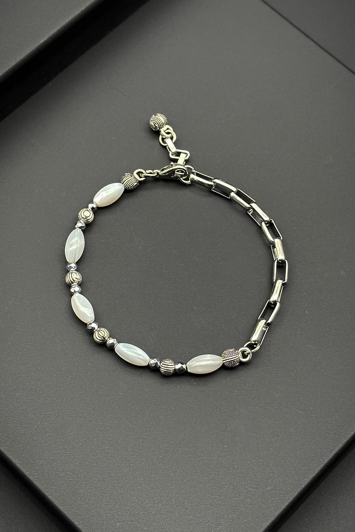 FRNCH 316L Çelik ve Sedef Doğal Taşlı Beyaz Renk Erkek Bileklik FRJ11878-1978-B