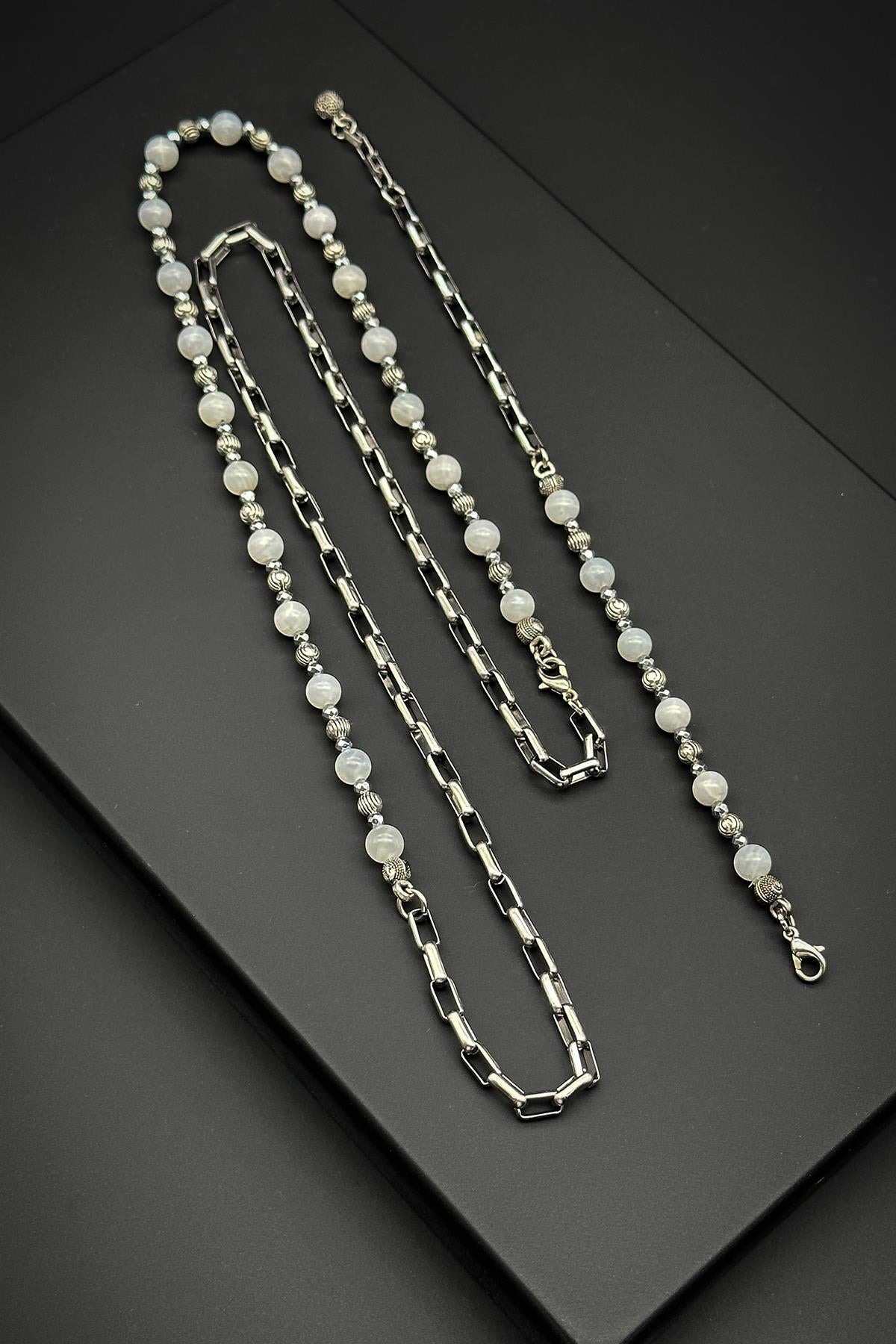 FRNCH 316L Çelik ve Sedef Doğal Taşlı Beyaz Renkli Erkek Bileklik/Kolye Set FRJ40150-250-B