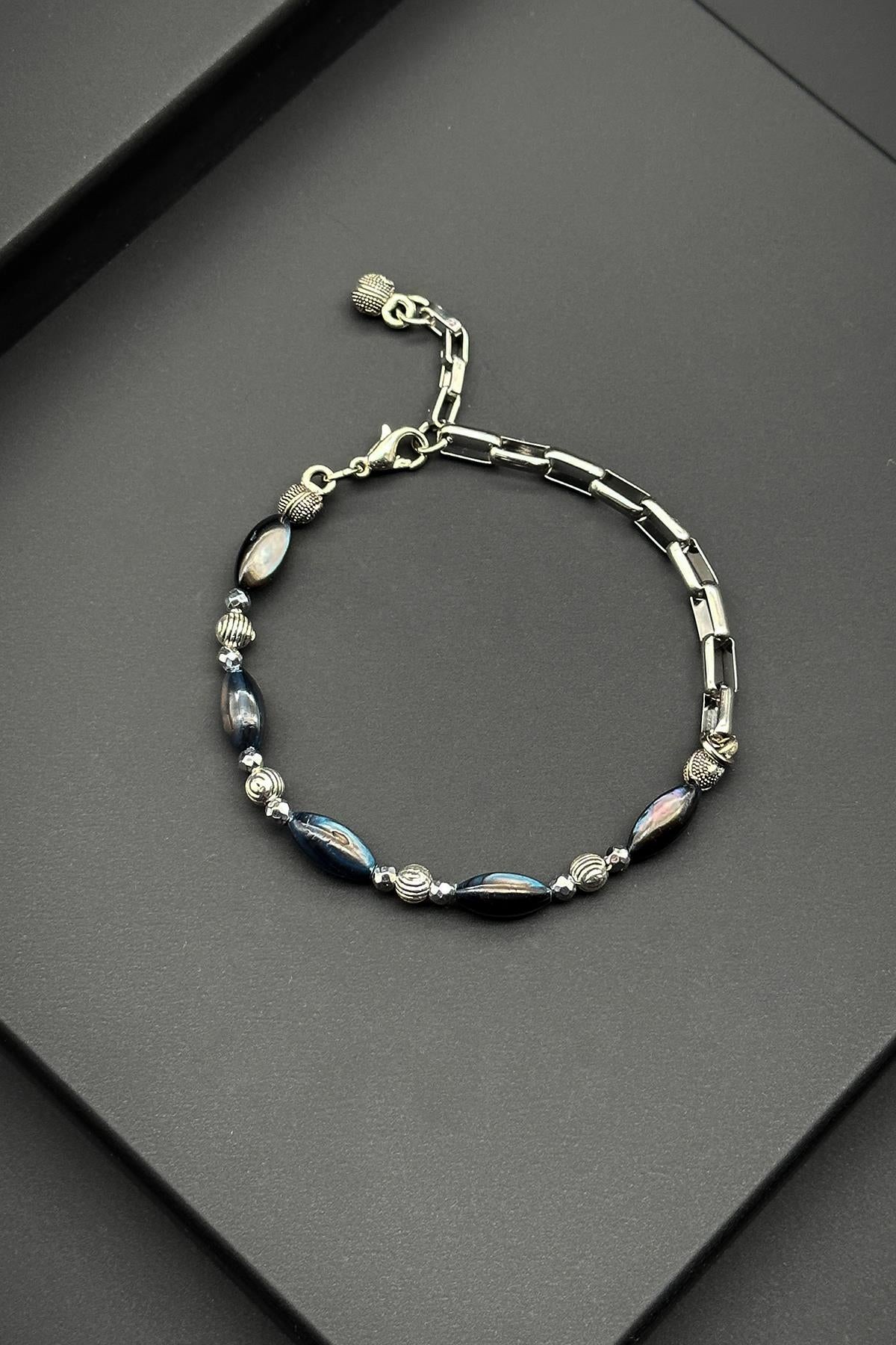 FRNCH 316L Çelik ve Sedef Doğal Taşlı Lacivert Renk Erkek Bileklik FRJ11878-1978-L