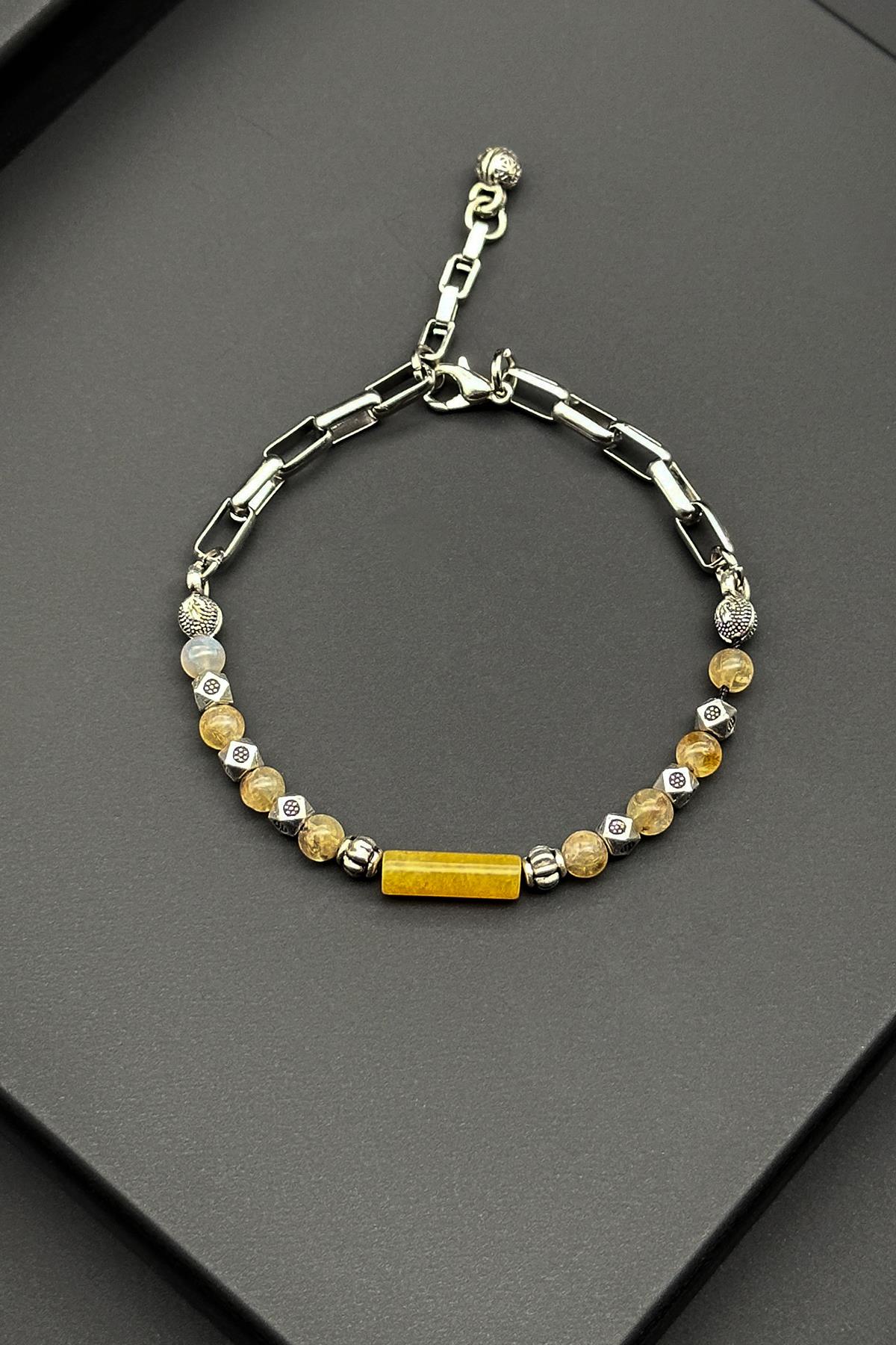 FRNCH 316L Çelik ve Sitrin Doğal Taşlı Kahverengi Renk Erkek Bileklik FRJ11877-1977-K