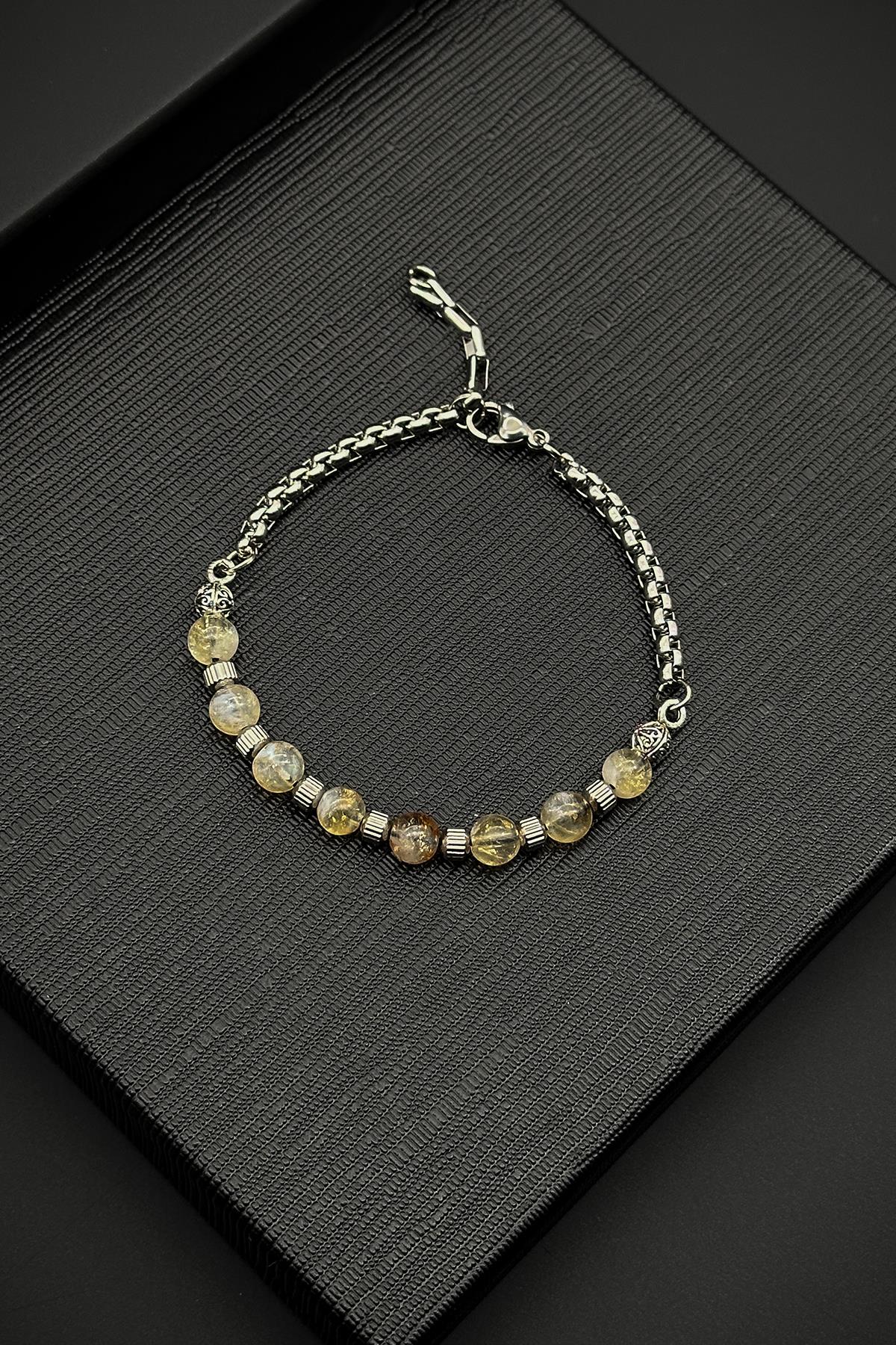 FRNCH 316L Çelik ve Sitrin Doğal Taşlı Sarı Renk Erkek Bileklik FRJ12049-3049-S3