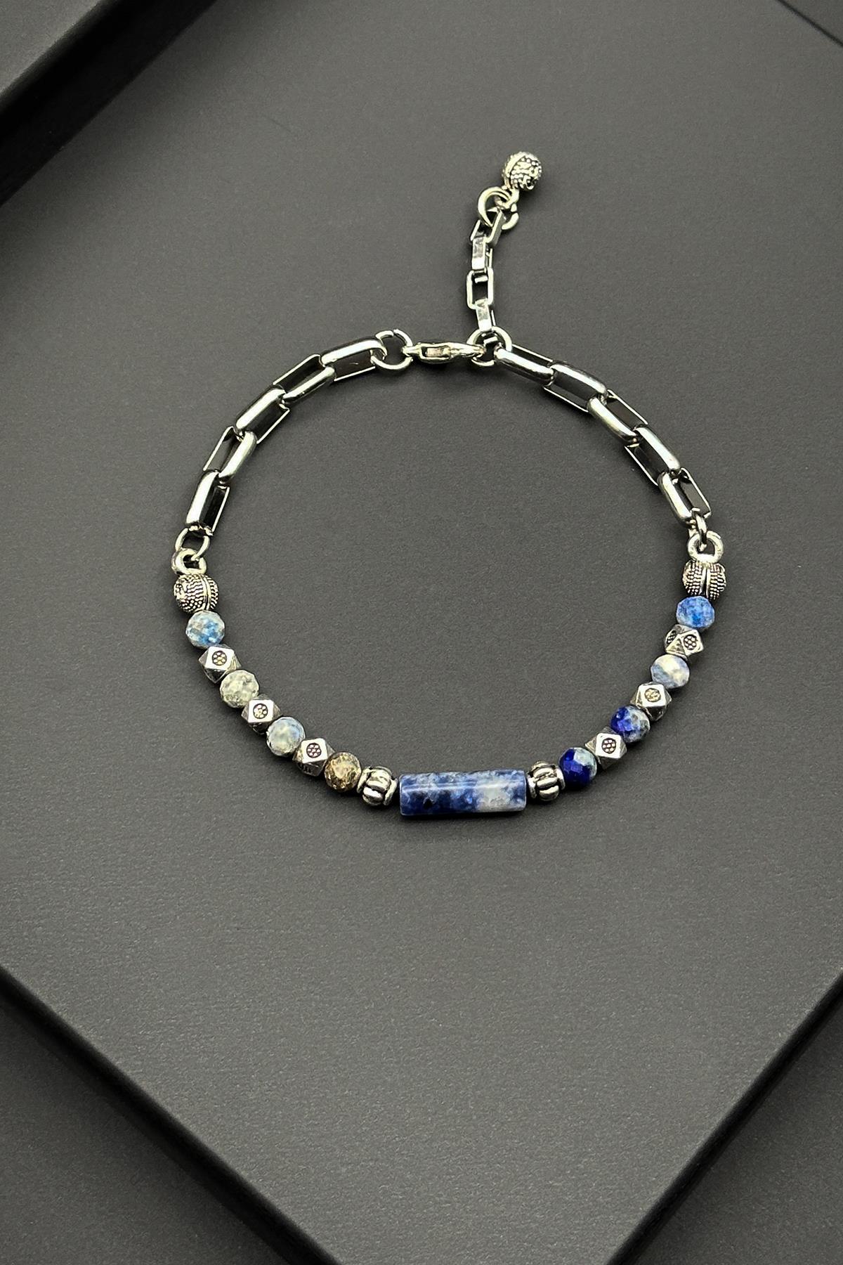 FRNCH 316L Çelik ve Sodalit Doğal Taşlı Lacivert Erkek Bileklik FRJ11877-1977-L2