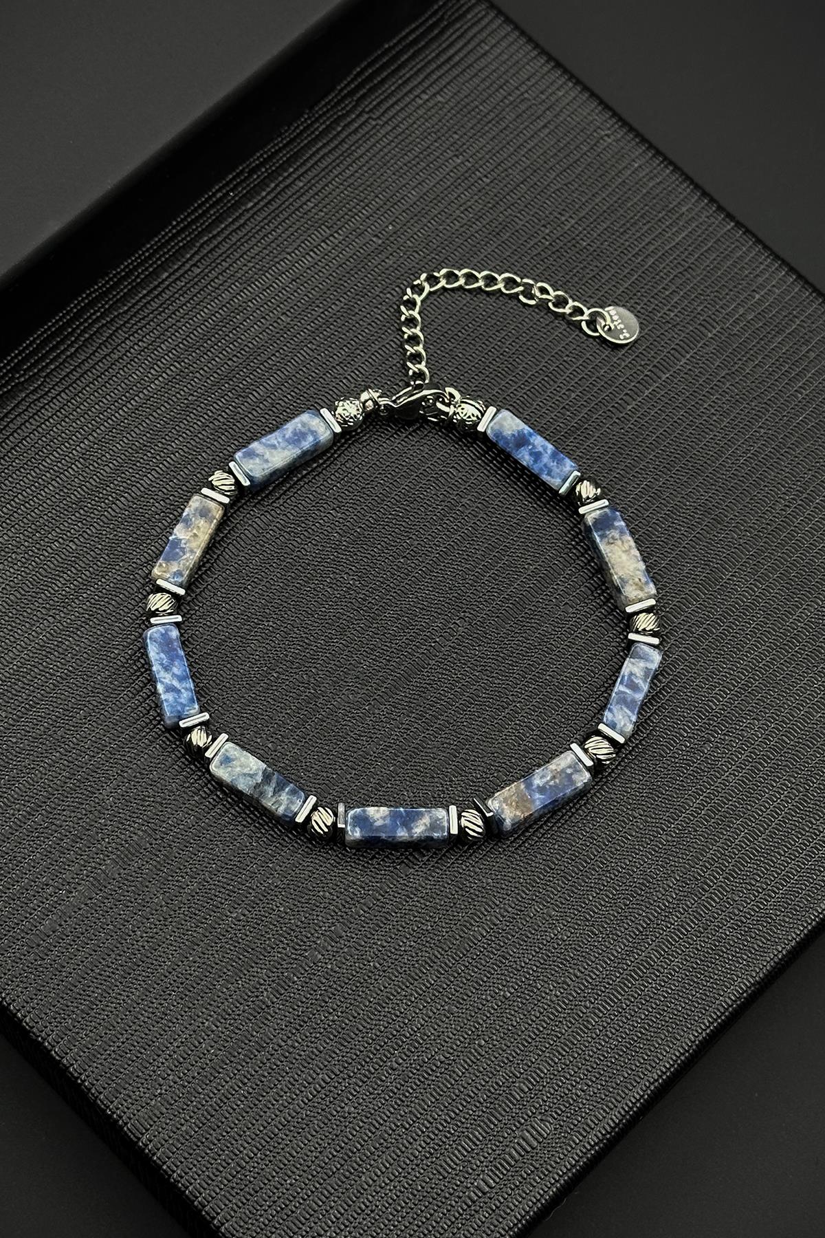 FRNCH 316L Çelik ve Sodalit Doğal Taşlı Mavi Renk Erkek Bileklik FRJ12411-3411-M