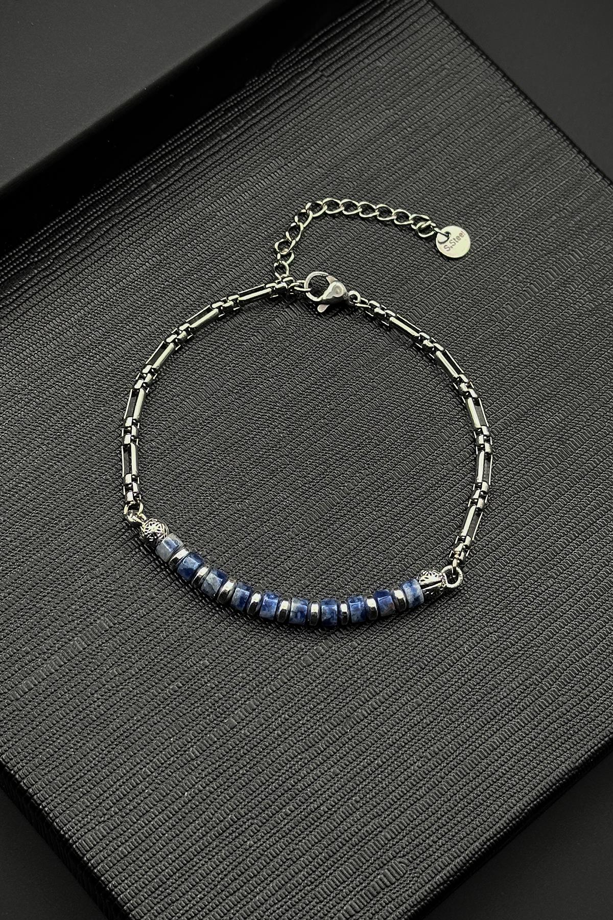 FRNCH 316L Çelik ve Sodalit Doğal Taşlı Mavi Renk Erkek Bileklik FRJ12511-3511-M