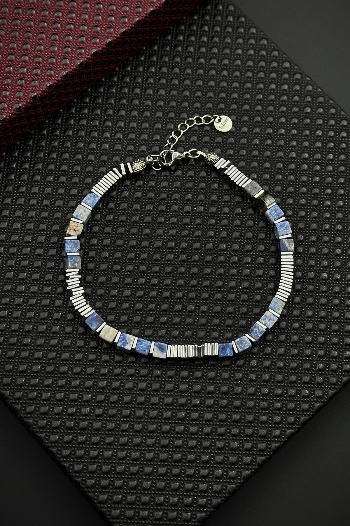 FRNCH 316L Çelik ve Sodalit Doğal Taşlı Mavi Renk Erkek Bileklik FRJ12667-3667-M