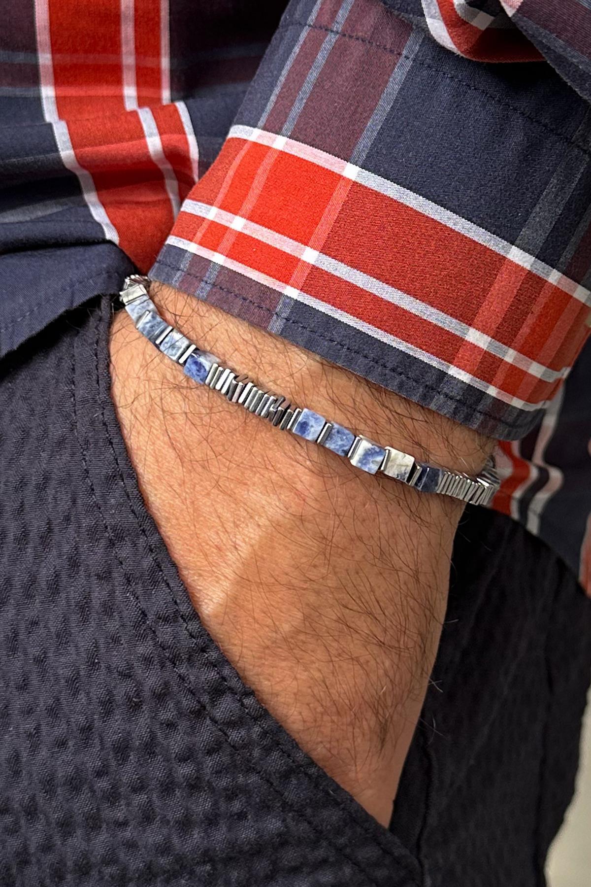 FRNCH 316L Çelik ve Sodalit Doğal Taşlı Mavi Renk Erkek Bileklik FRJ12667-3667-M