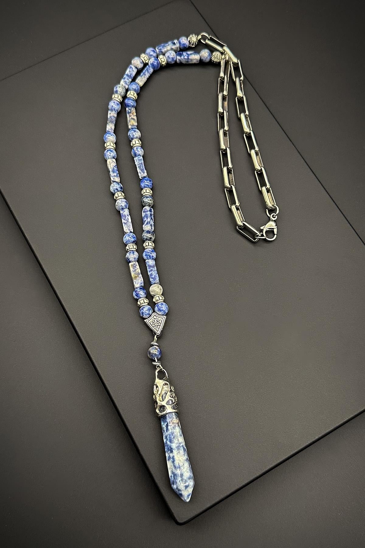 FRNCH 316L Çelik ve Sodalit Doğal Taşlı Mavi Renkli Erkek Kolye FRJ30609-709-M2