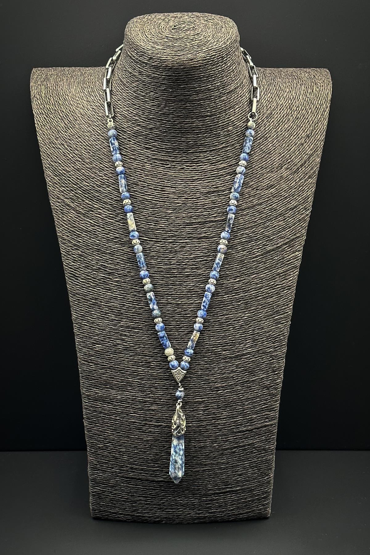 FRNCH 316L Çelik ve Sodalit Doğal Taşlı Mavi Renkli Erkek Kolye FRJ30609-709-M2