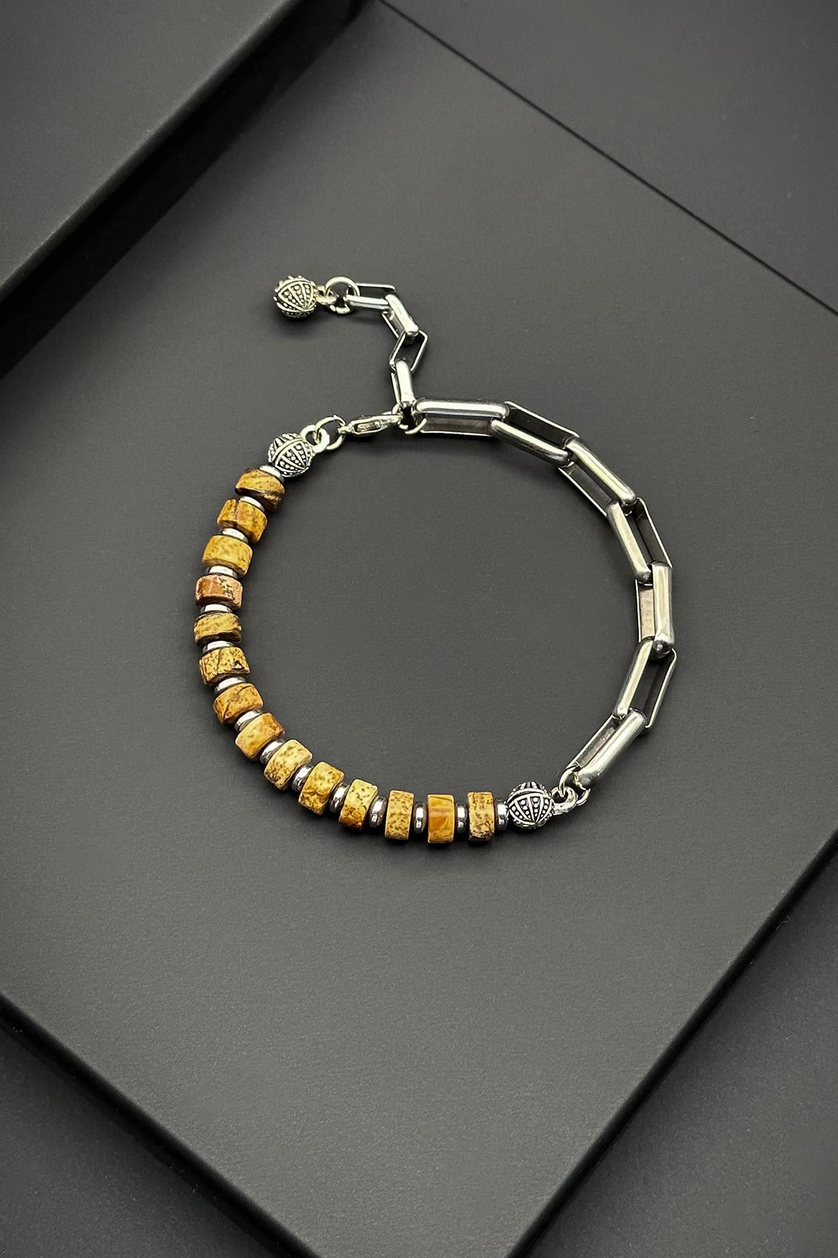 FRNCH 316L Çelik ve Toprak Doğal Taşlı Kahverengi Ayarlanabilir Erkek Bileklik FRJ11869-1969-K