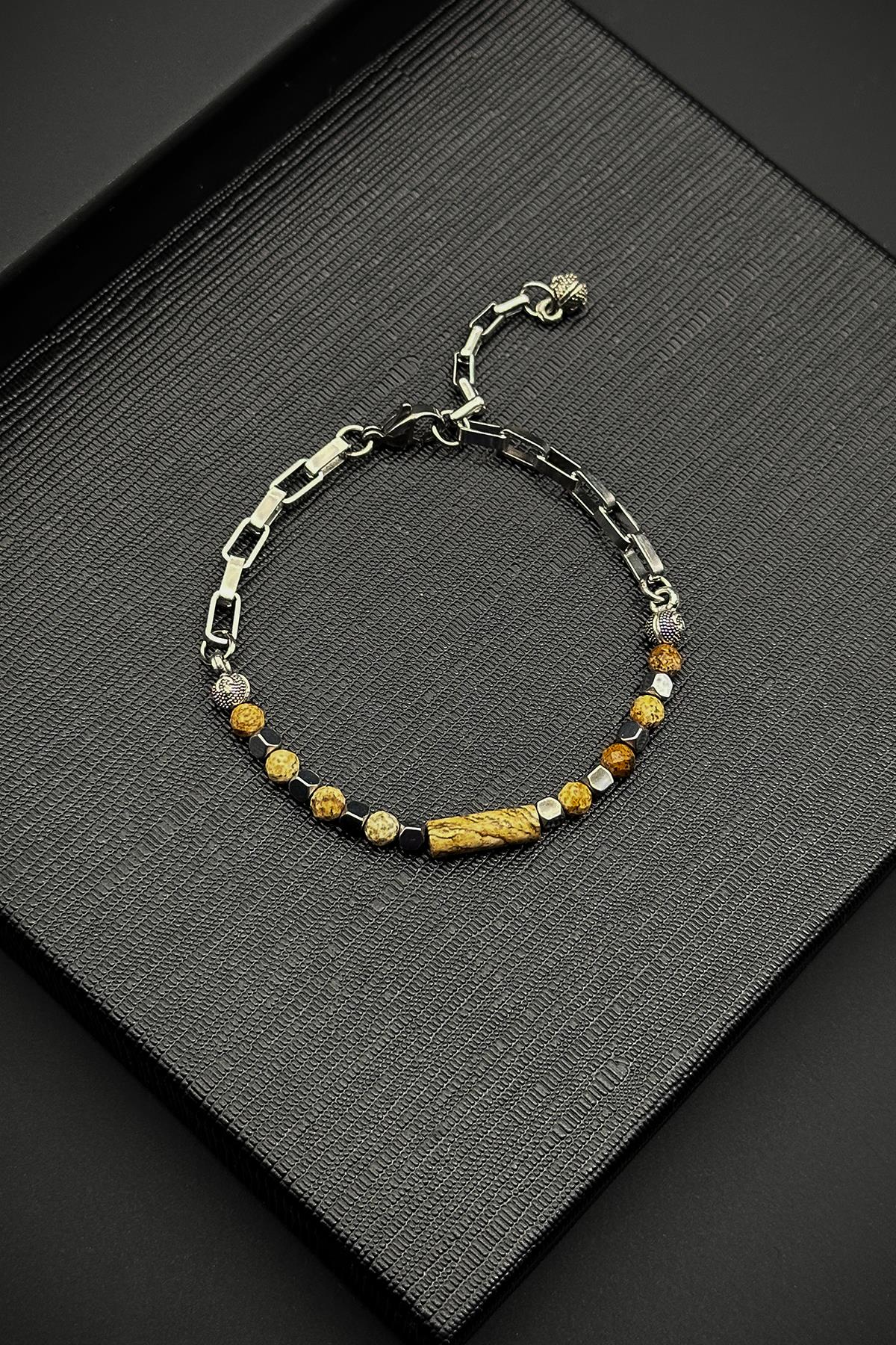 FRNCH 316L Çelik ve Toprak Doğal Taşlı Kahverengi Erkek Bileklik FRJ11877-1977-K6