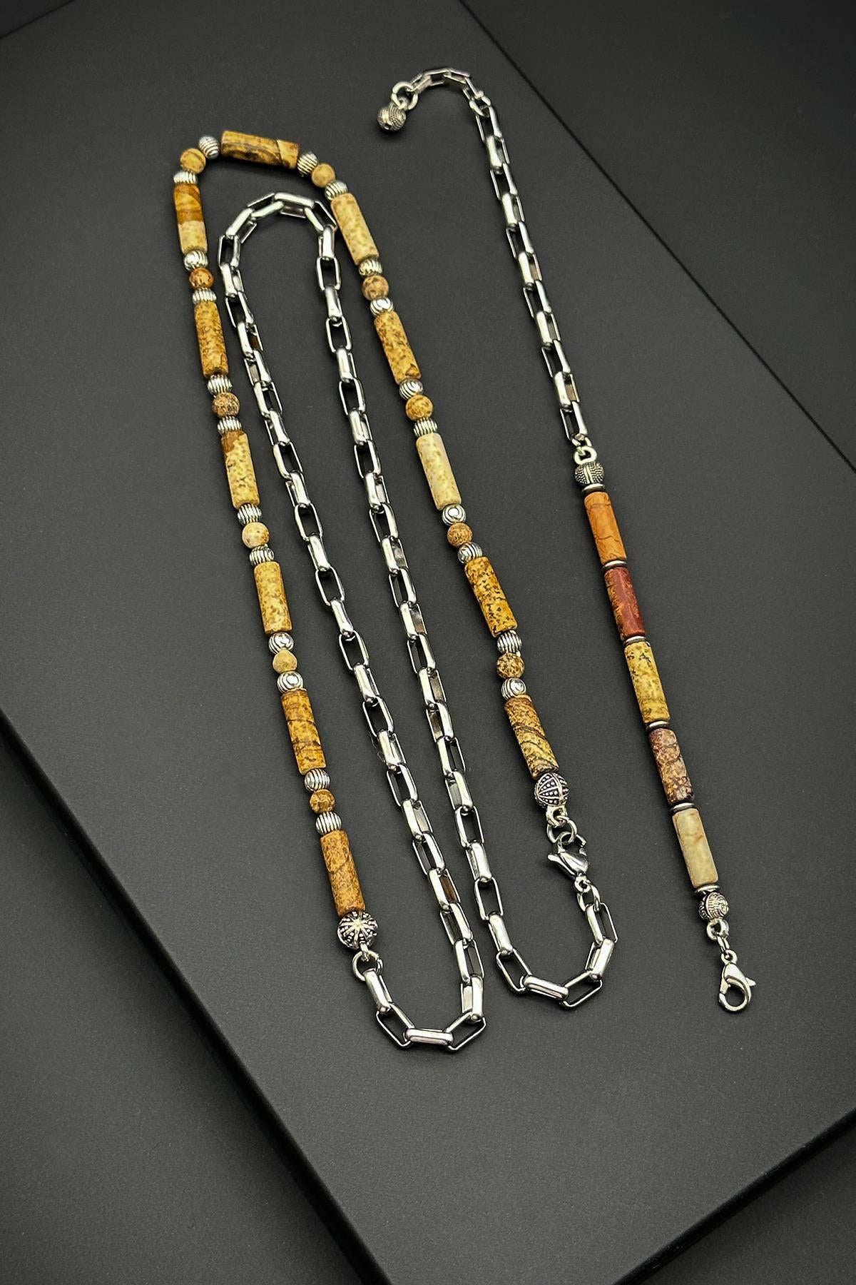 FRNCH 316L Çelik ve Toprak Doğal Taşlı Kahverengi Erkek Bileklik/Kolye Set FRJ40145-245-K2