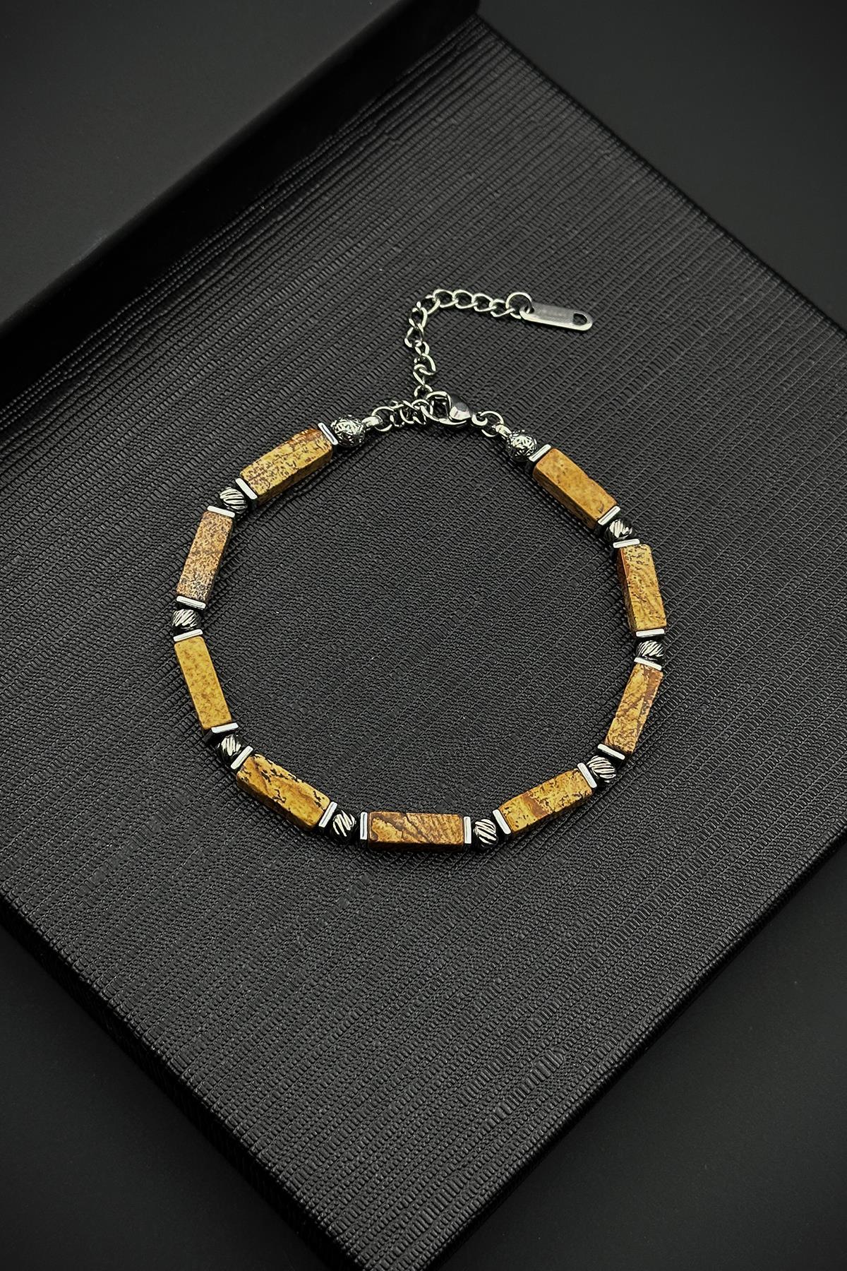 FRNCH 316L Çelik ve Toprak Doğal Taşlı Kahverengi Renk Erkek Bileklik FRJ12411-3411-K