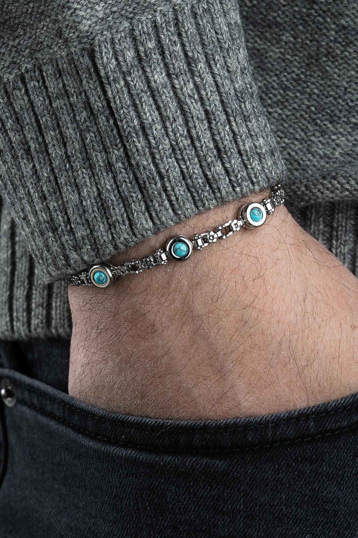 FRNCH 316L Çelik ve Turkuaz Doğal Taşlı Gümüş-Turkuaz Renk Erkek Bileklik FRJ12796-3796-AS