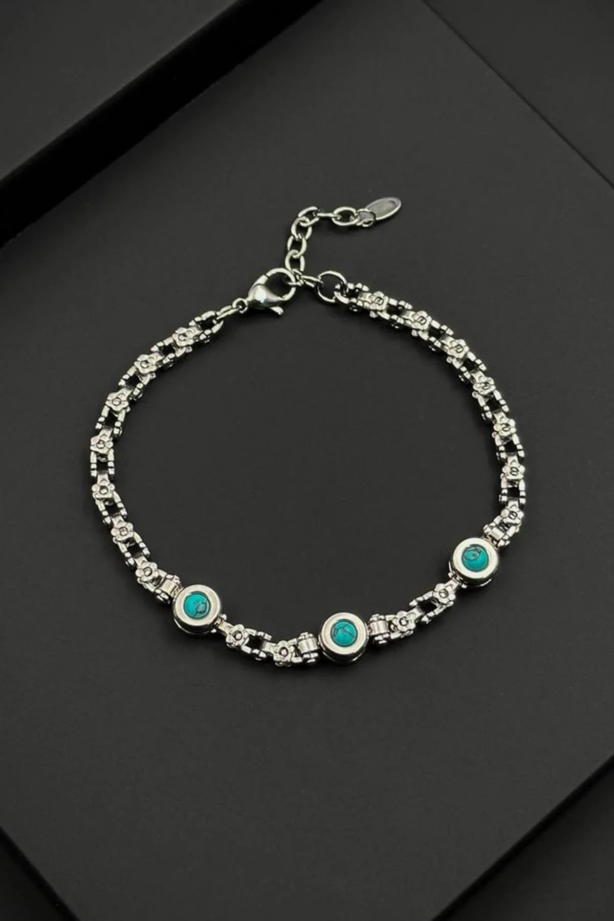 FRNCH 316L Çelik ve Turkuaz Doğal Taşlı Gümüş-Turkuaz Renk Erkek Bileklik FRJ12796-3796-AS