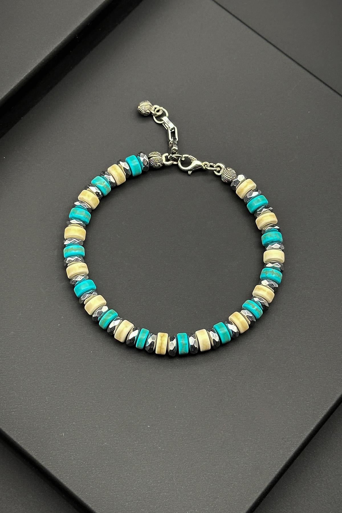 FRNCH 316L Çelik ve Turkuaz Doğal Taşlı Turkuaz Renk Erkek Bileklik FRJ11872-1972-MB