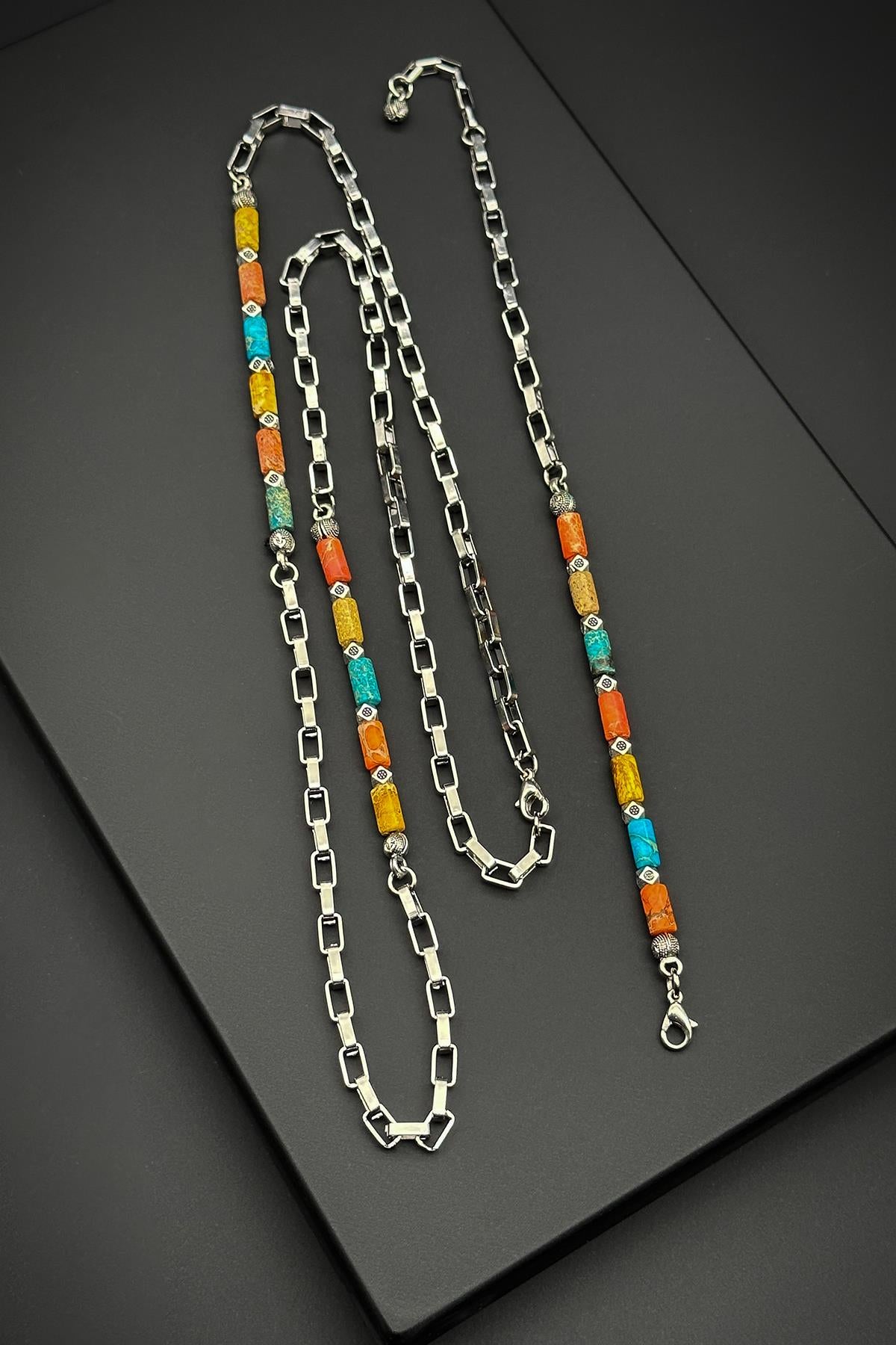 FRNCH 316L Çelik ve Varisit Doğal Taşlı Çok Renkli Erkek Bileklik/Kolye Set FRJ40152-252-CK