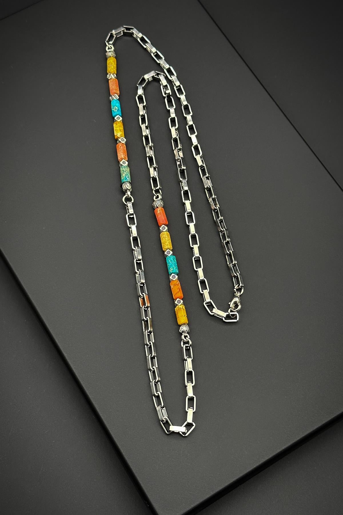 FRNCH 316L Çelik ve Varisit Doğal Taşlı Çok Renkli Erkek Kolye FRJ30645-745-CK