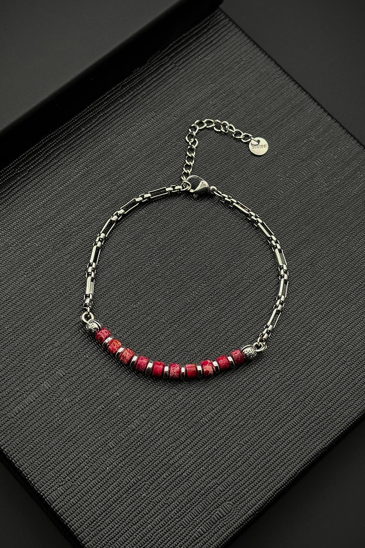 FRNCH 316L Çelik ve Varisit Doğal Taşlı Kırmızı Renk Erkek Bileklik FRJ12511-3511-K2