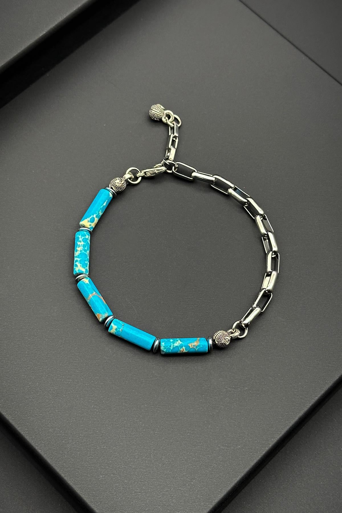 FRNCH 316L Çelik ve Varisit Doğal Taşlı Mavi Renk Erkek Bileklik FRJ11874-1974-M