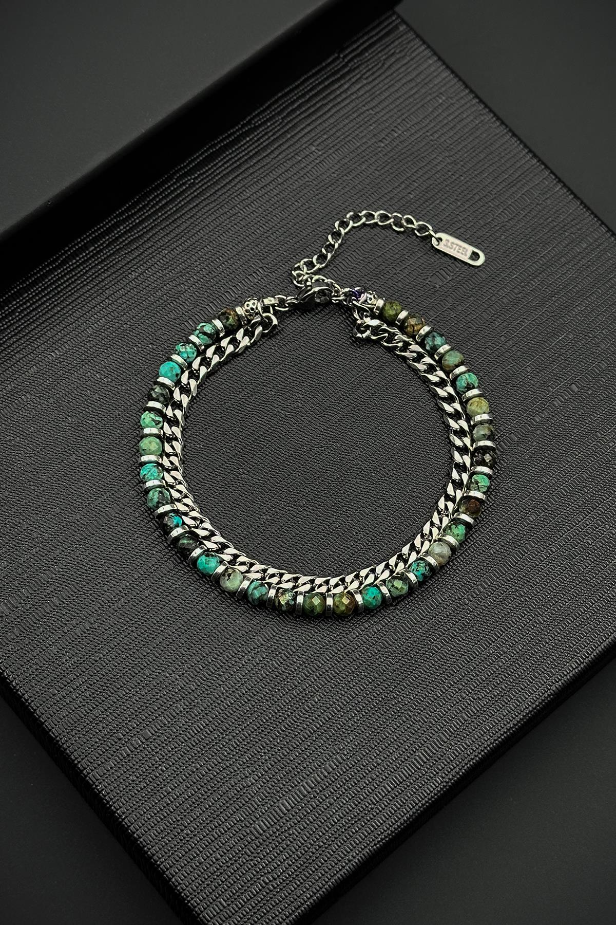 FRNCH 316L Çelik ve Varisit Doğal Taşlı Yeşil Renk Erkek Bileklik FRJ12527-3527-Y