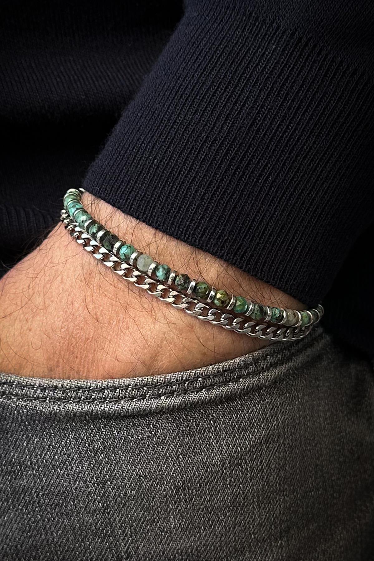 FRNCH 316L Çelik ve Varisit Doğal Taşlı Yeşil Renk Erkek Bileklik FRJ12527-3527-Y