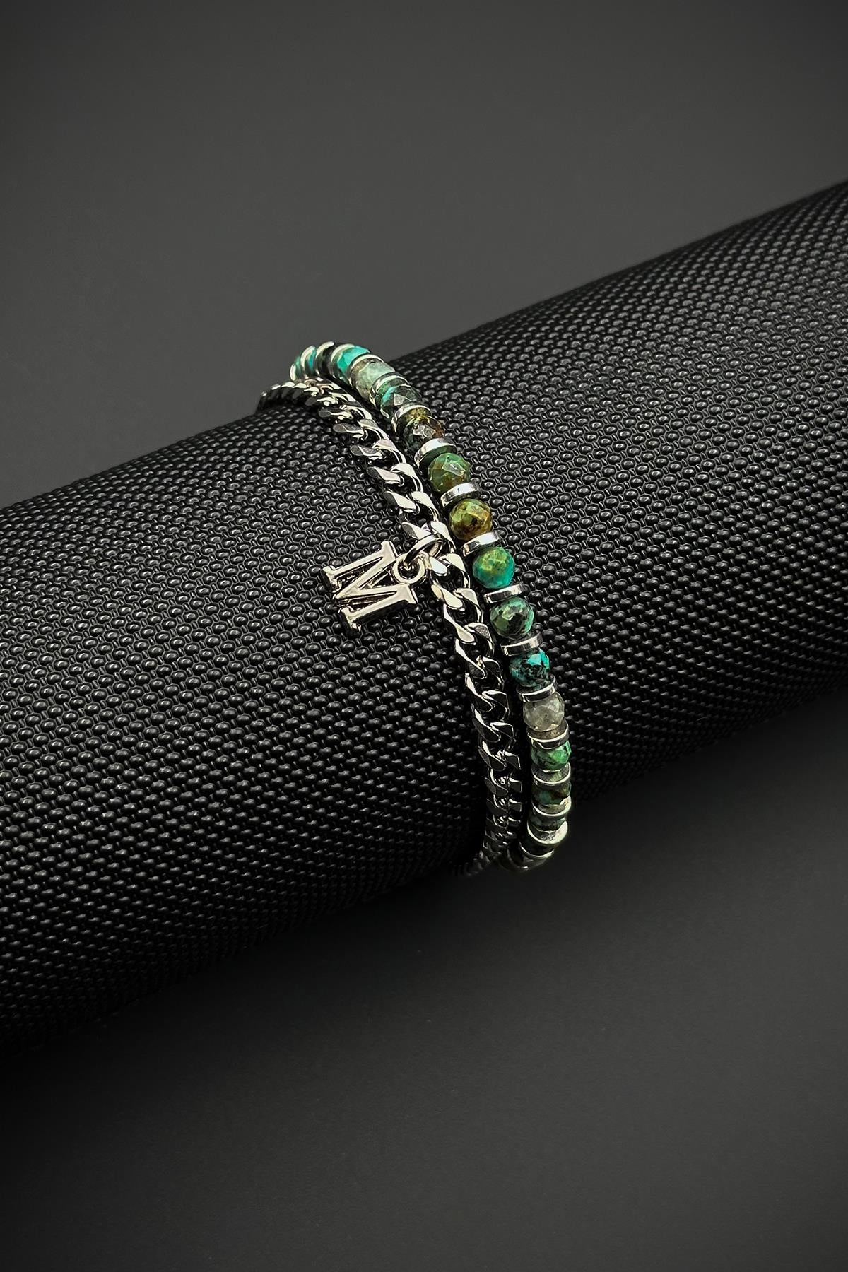 FRNCH 316L Çelik ve Varisit Doğal Taşlı Yeşil Renk Harfli Erkek Bileklik FRJ12533-3533-Y