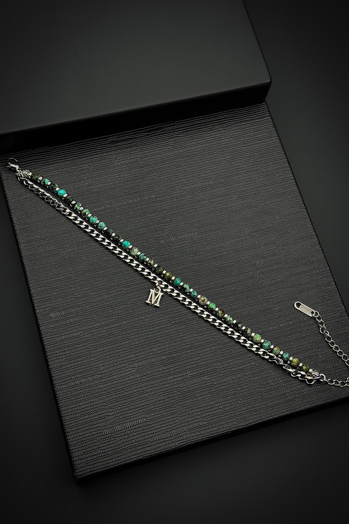 FRNCH 316L Çelik ve Varisit Doğal Taşlı Yeşil Renk Harfli Erkek Bileklik FRJ12533-3533-Y