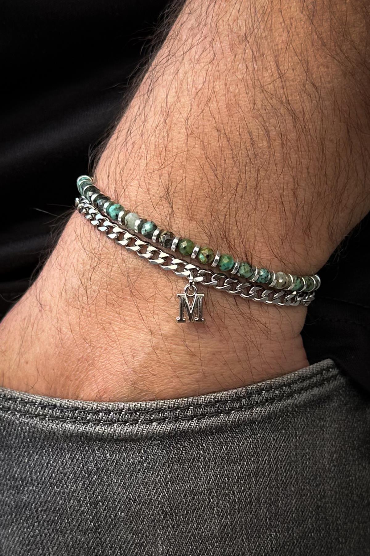 FRNCH 316L Çelik ve Varisit Doğal Taşlı Yeşil Renk Harfli Erkek Bileklik FRJ12533-3533-Y