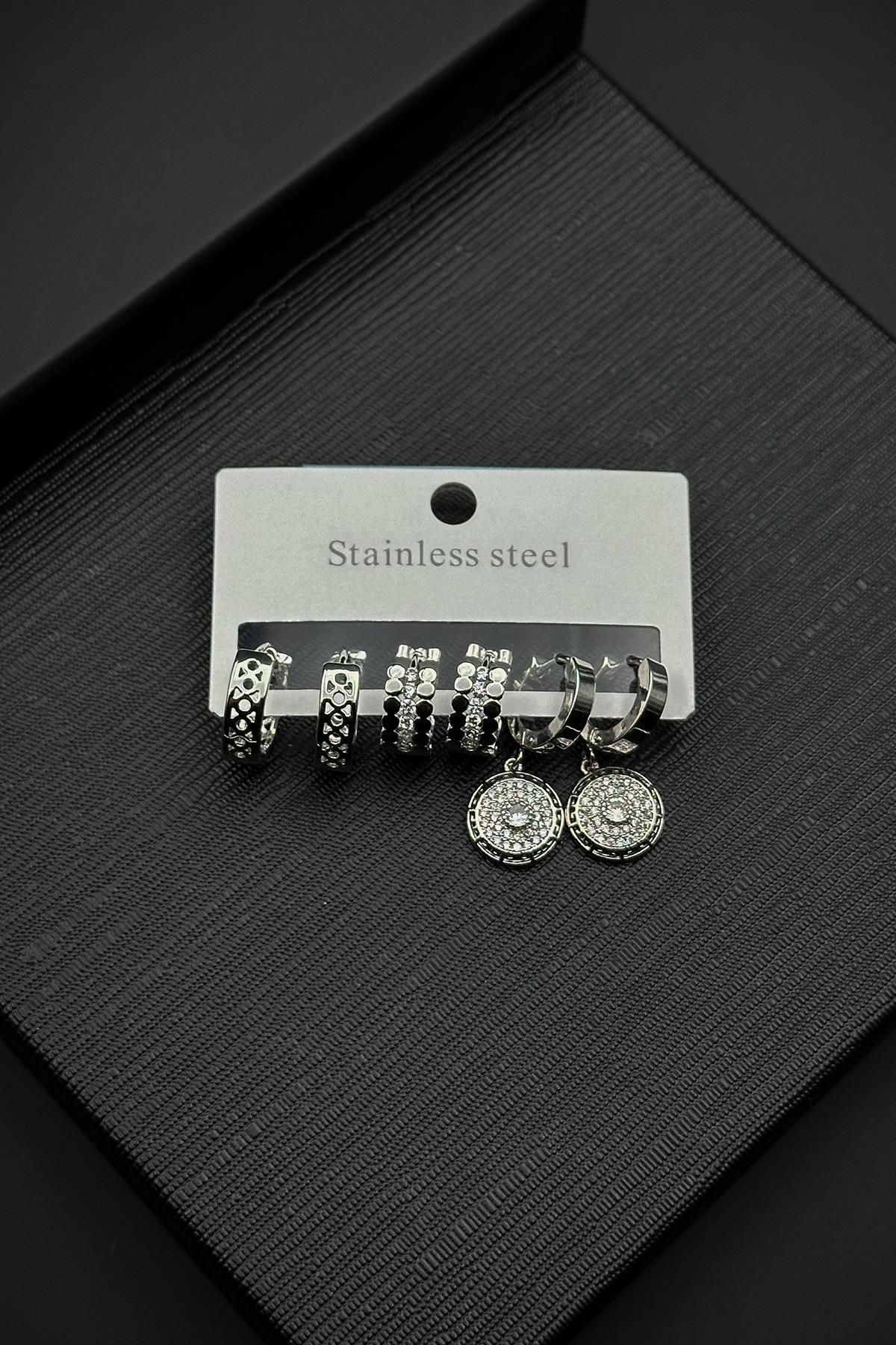 FRNCH 316L Çelik Zirkon Taşlı Gümüş Renk Kadın Küpe Set FRJ50099-199-A