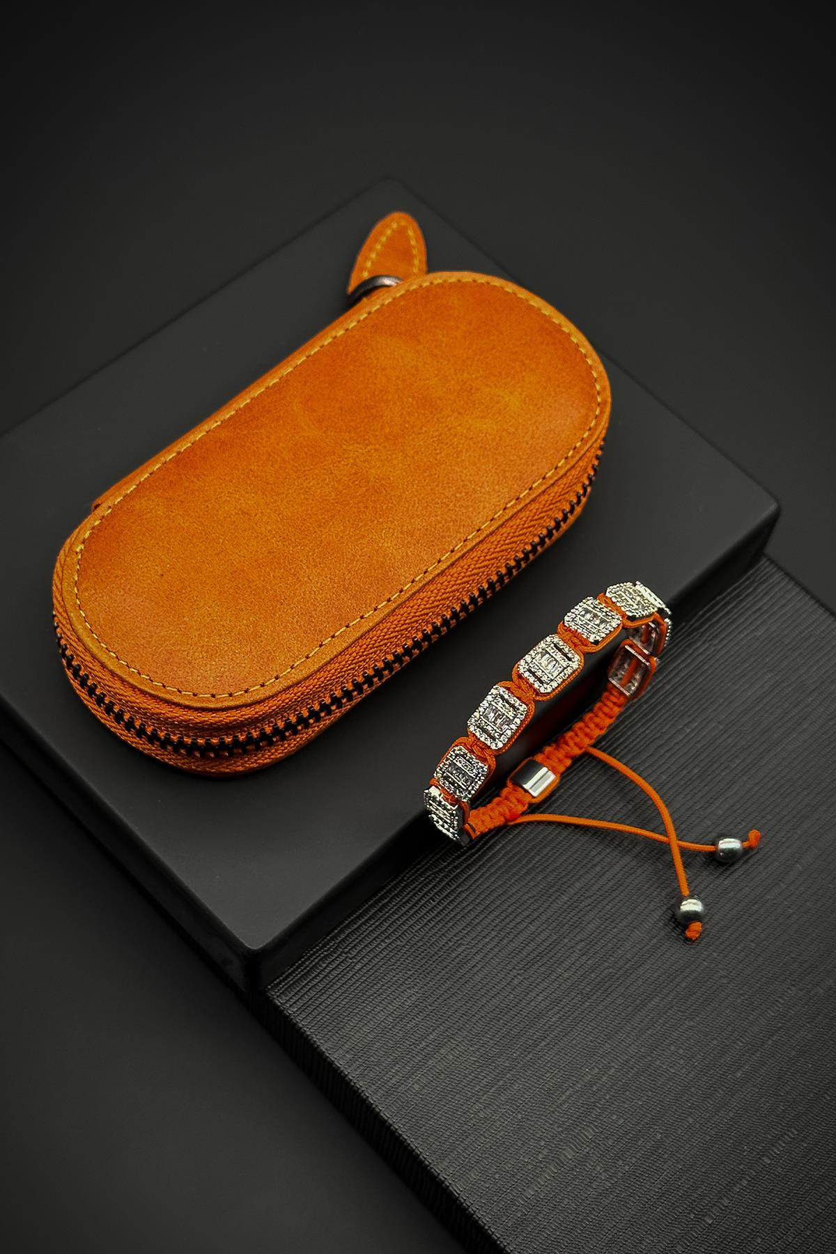 FRNCH 3A Kalite Baget Zirkon Taşlı Turuncu Erkek Bileklik %100 Deri Anahtarlık Hediyeli FRJ40164-264-T