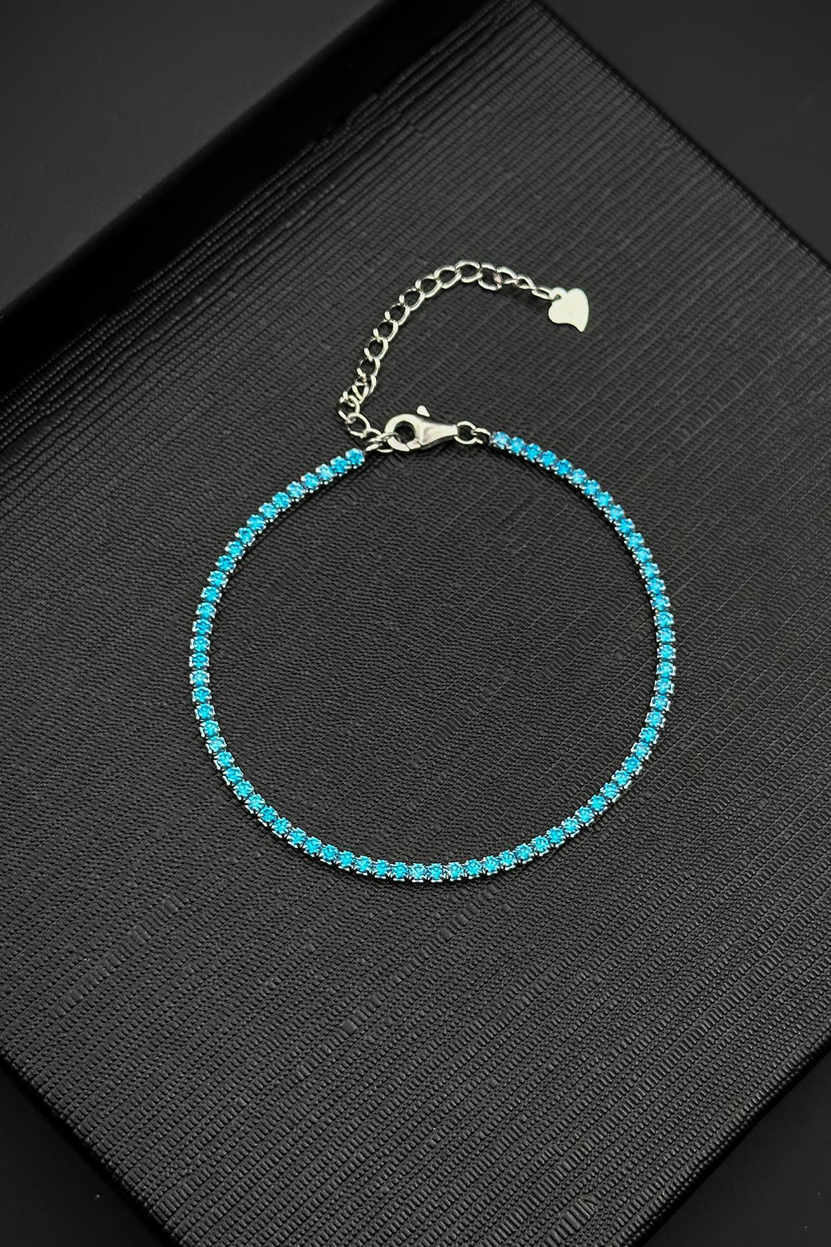 FRNCH 925 Ayar Gümüş 2MM Aqua Marine Taşlı Turkuaz Renk Tennis Erkek Bileklik FRJ11979-2079-M2
